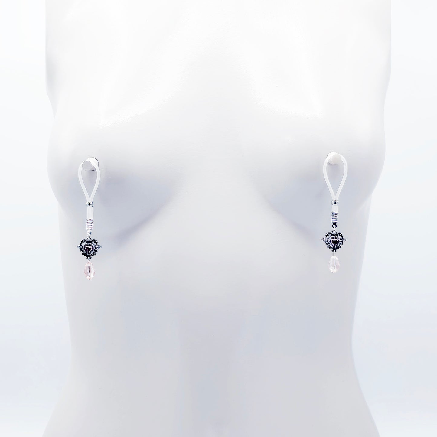 Pair of Fake Nipple Piercings with Pink Gem Heart | Nipple Nooses For Daily Wear | Or Your Choice of Nipple Clamps | MATURE Nipple Jewelry
