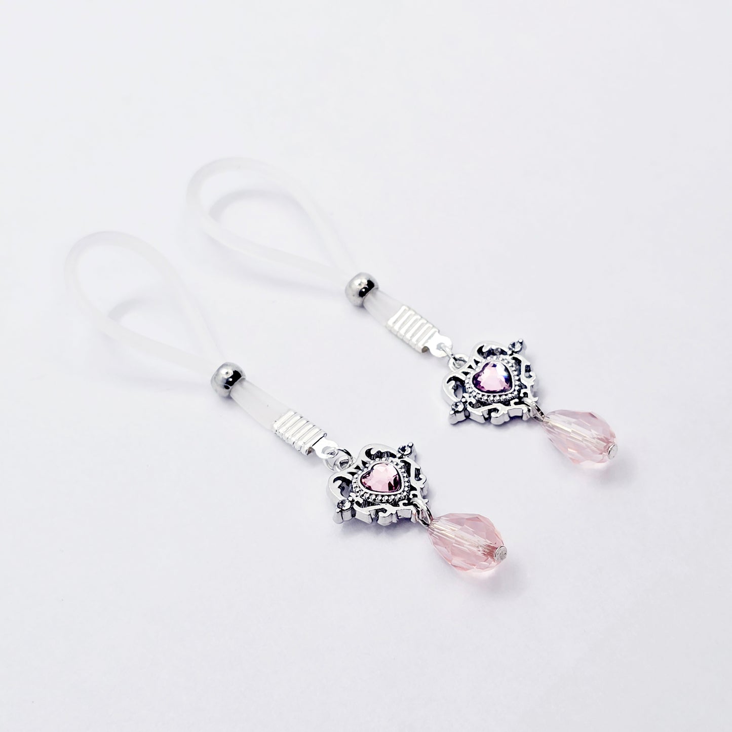 Pair of Fake Nipple Piercings with Pink Gem Heart | Nipple Nooses For Daily Wear | Or Your Choice of Nipple Clamps | MATURE Nipple Jewelry