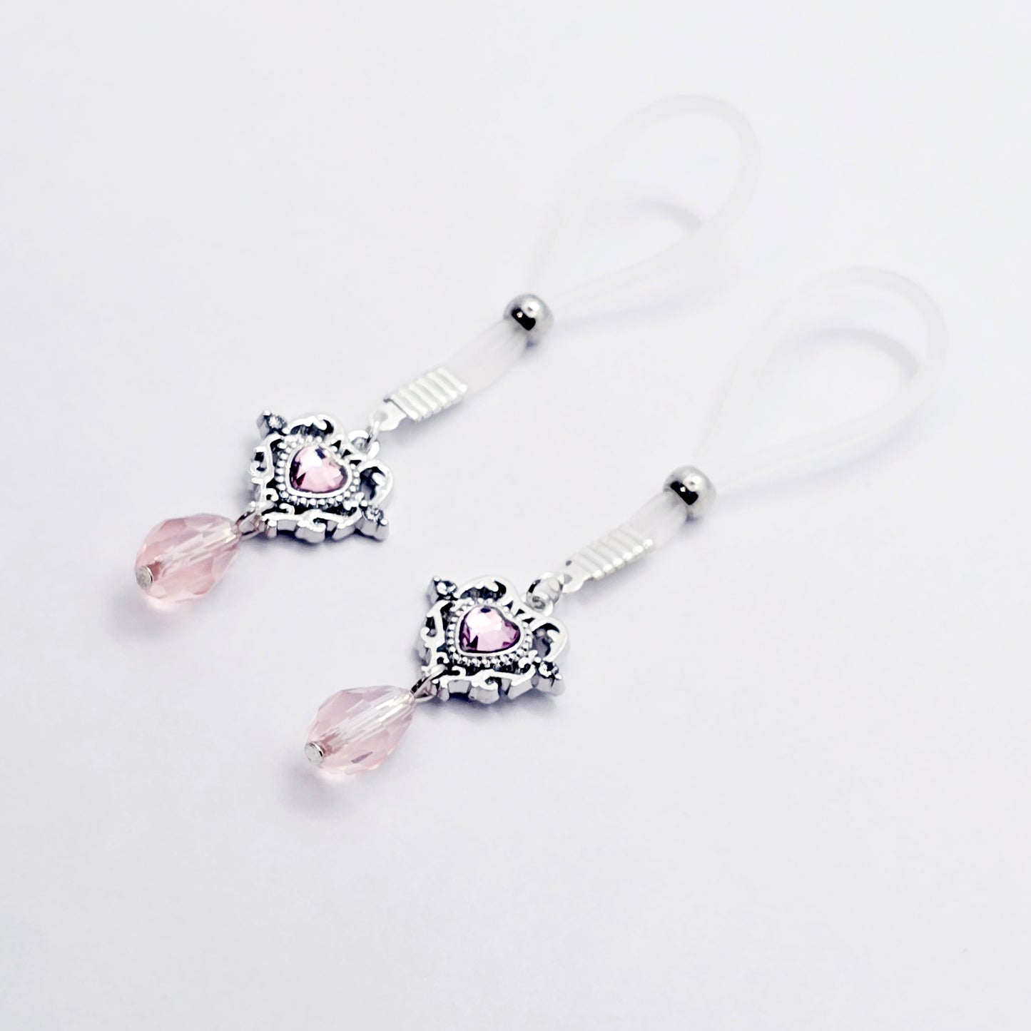 Pair of Fake Nipple Piercings with Pink Gem Heart | Nipple Nooses For Daily Wear | Or Your Choice of Nipple Clamps | MATURE Nipple Jewelry