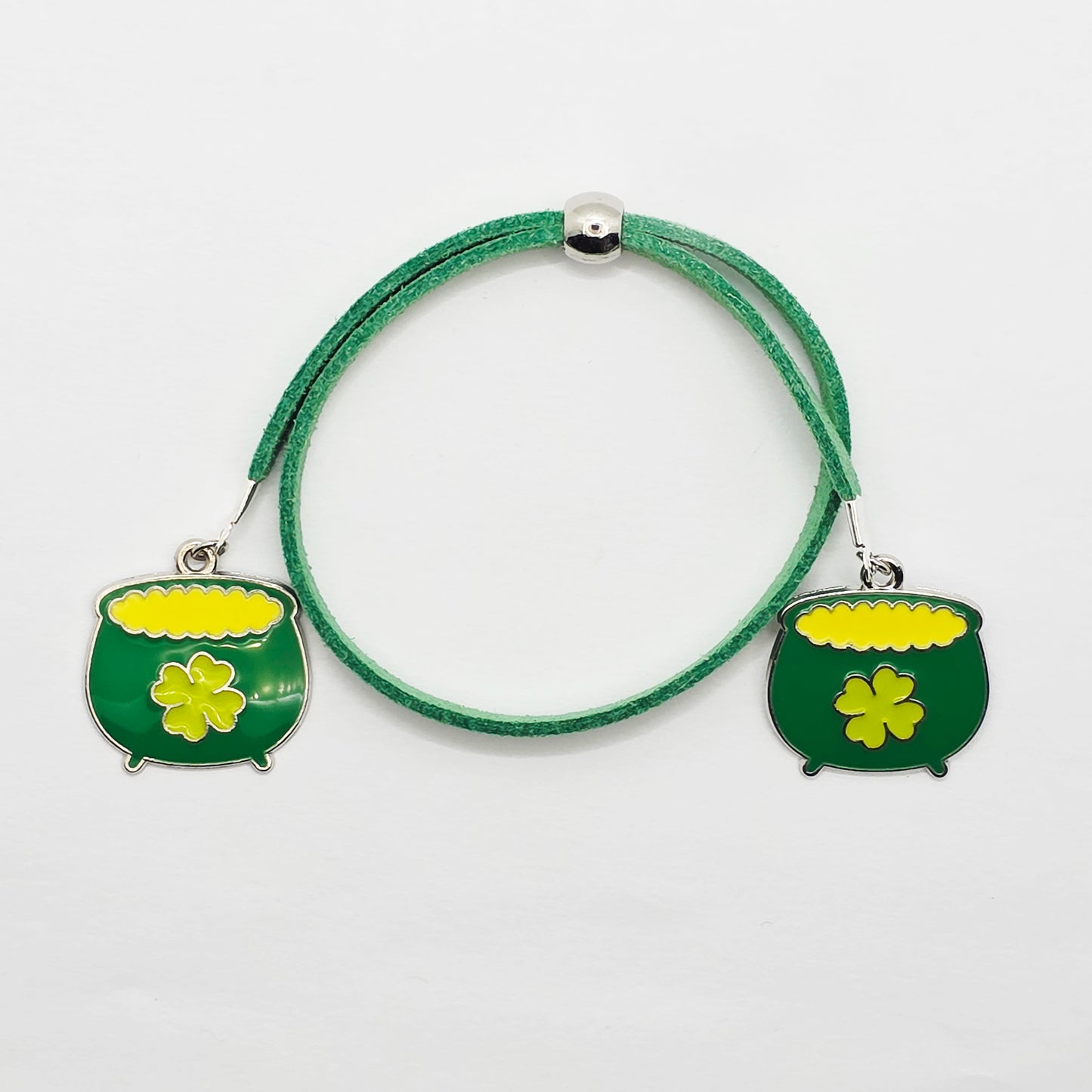Pot O' Gold Penis Noose. Green Adjustable Cock Bracelet with Shamrock Pots of Gold Pendants.