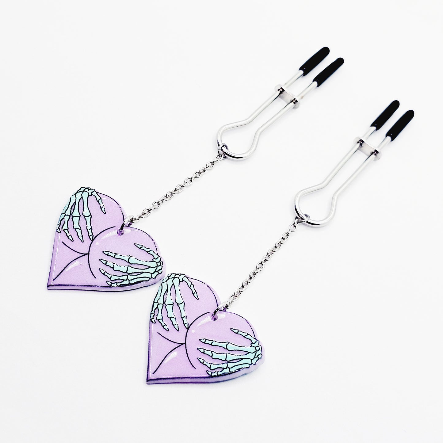 Nipple Clamps with Fun and Spooky Hearts. Straight Tweezer Clamps.