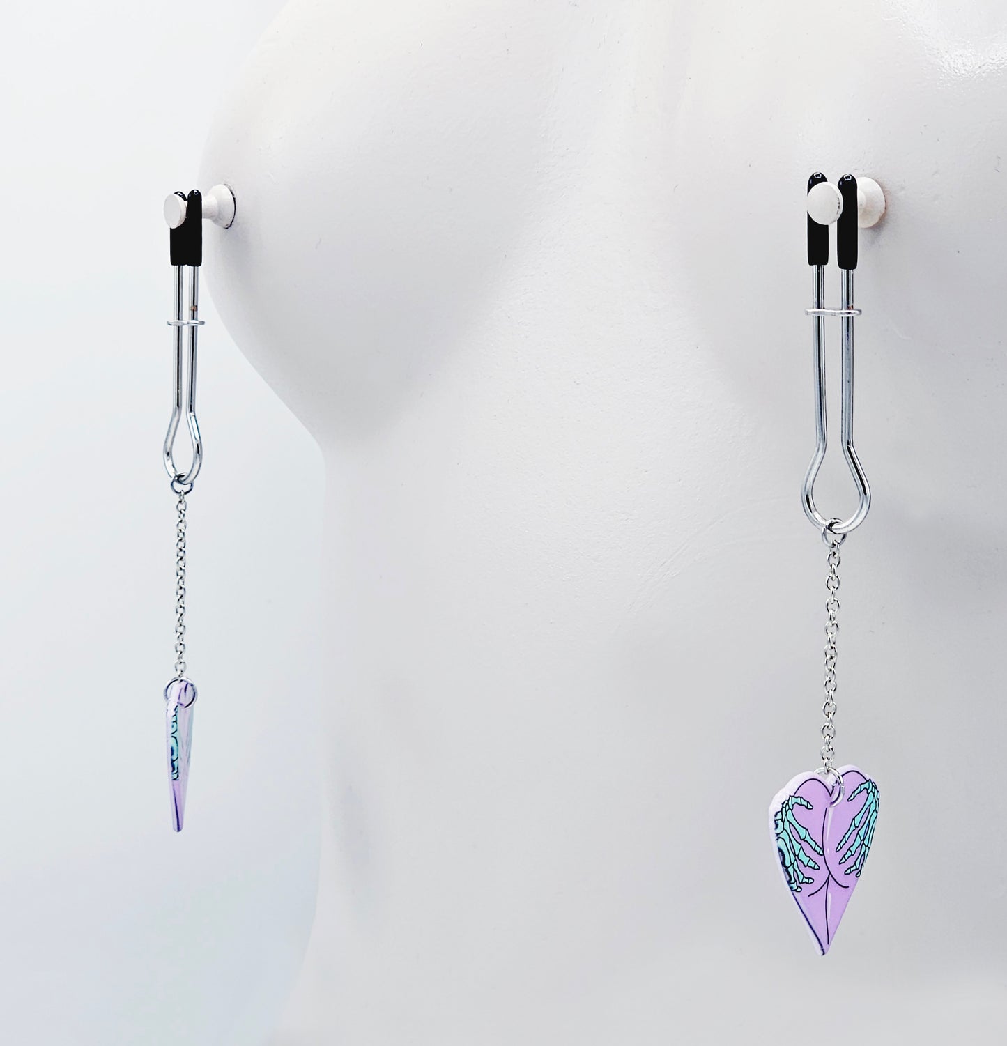 Nipple Clamps with Fun and Spooky Hearts. Straight Tweezer Clamps.