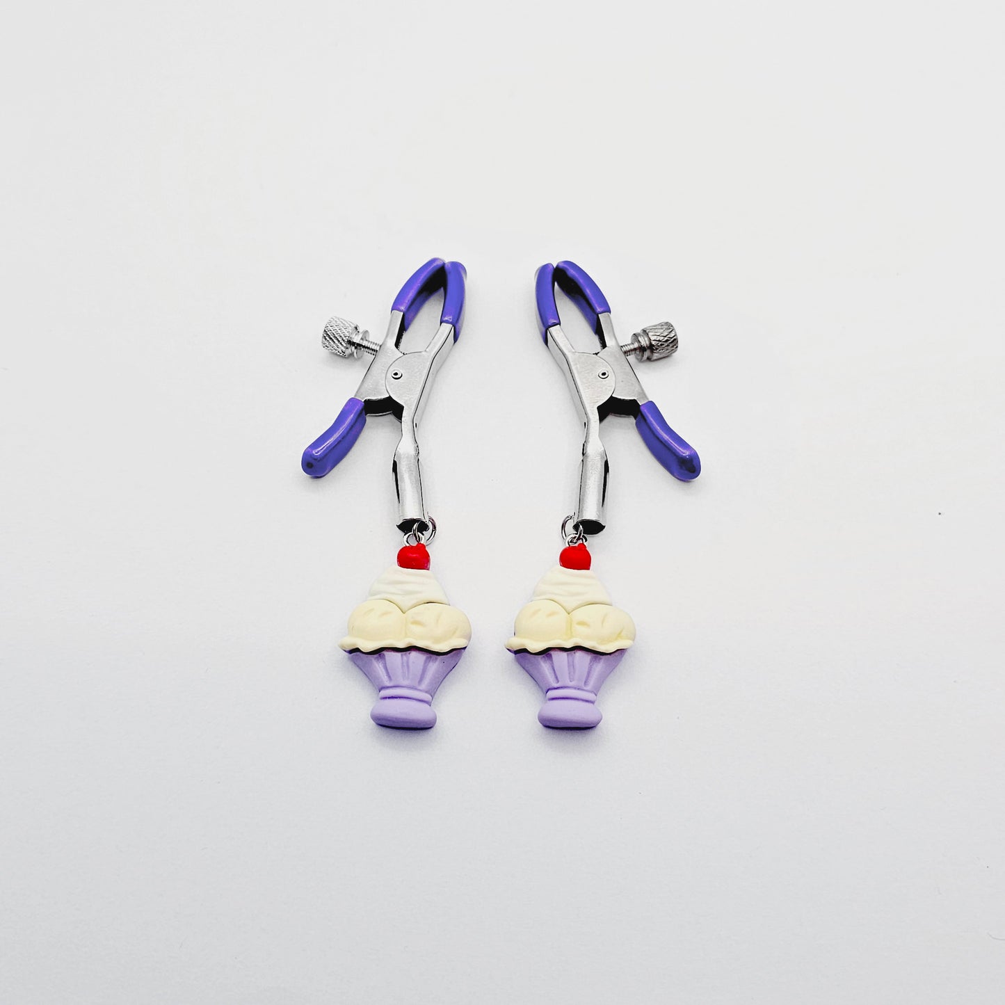 Purple Adjustable Nipple Clamps with Ice Cream Sundae for BDSM DDLG Summertime Fun!