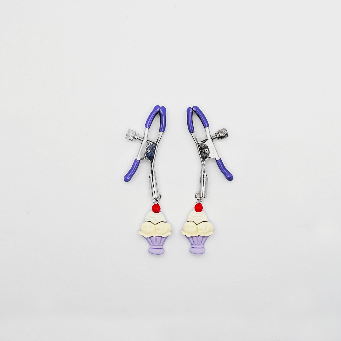 Purple Adjustable Nipple Clamps with Ice Cream Sundae for BDSM DDLG Summertime Fun!