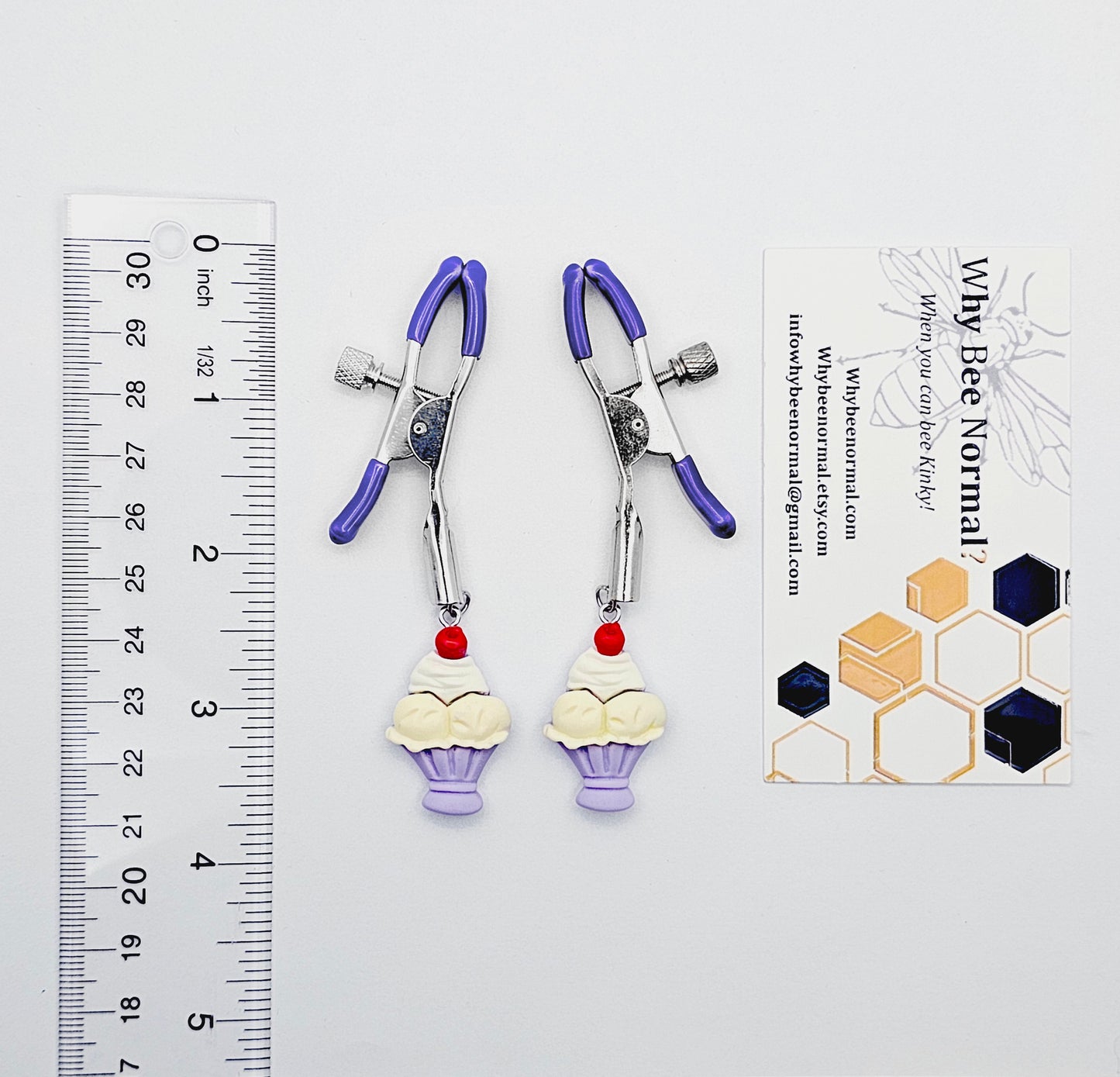Purple Adjustable Nipple Clamps with Ice Cream Sundae for BDSM DDLG Summertime Fun!