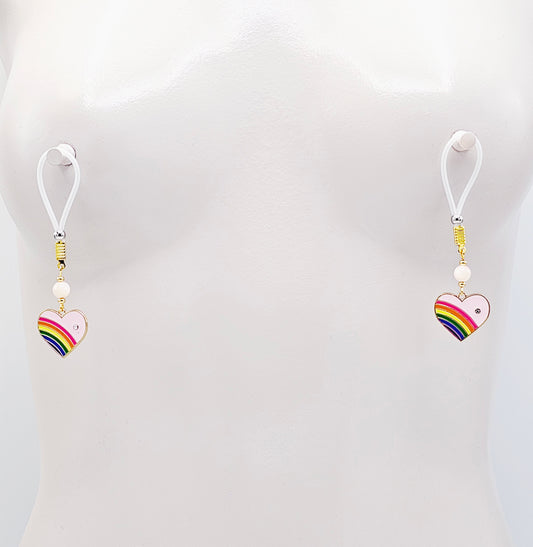 Nipple Noose Dangles or Nipple Clamps with Rose Quartz and Rainbow Hearts.
