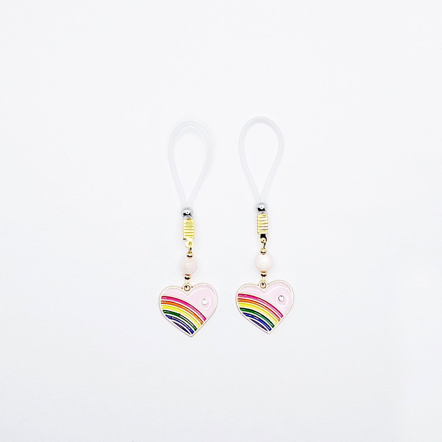 Clit Clamp and Nipple Noose Dangles or Nipple Clamps with Rose Quartz and Rainbow Hearts. Non-Piercing Nipple.