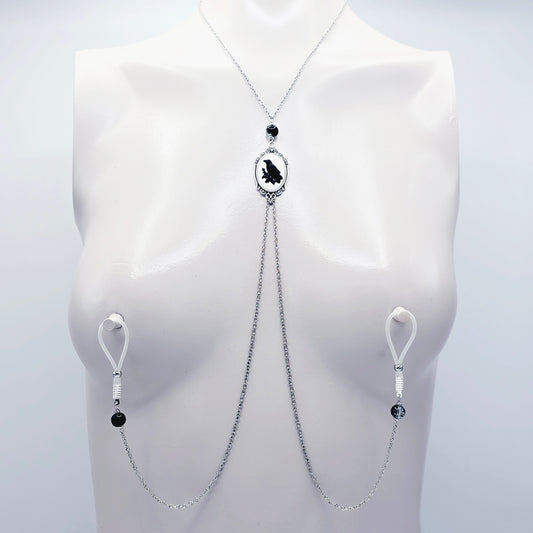 Raven or Black Cat Cameo Necklace to Nipple with Your Choice of Nipple Attachment. Gothic BDSM