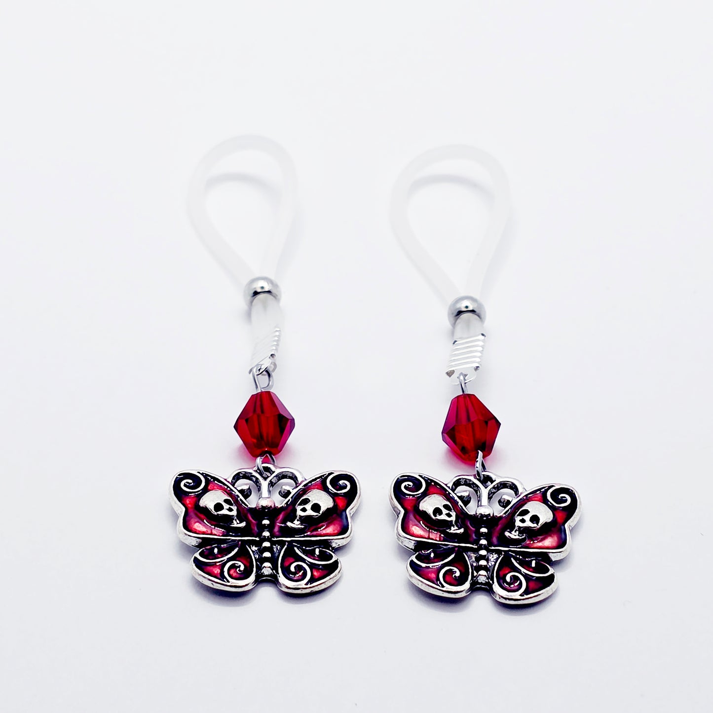 Non-Piercing Nipple Nooses or Clamps with Red Gothic Skull Butterflies and Crystals.