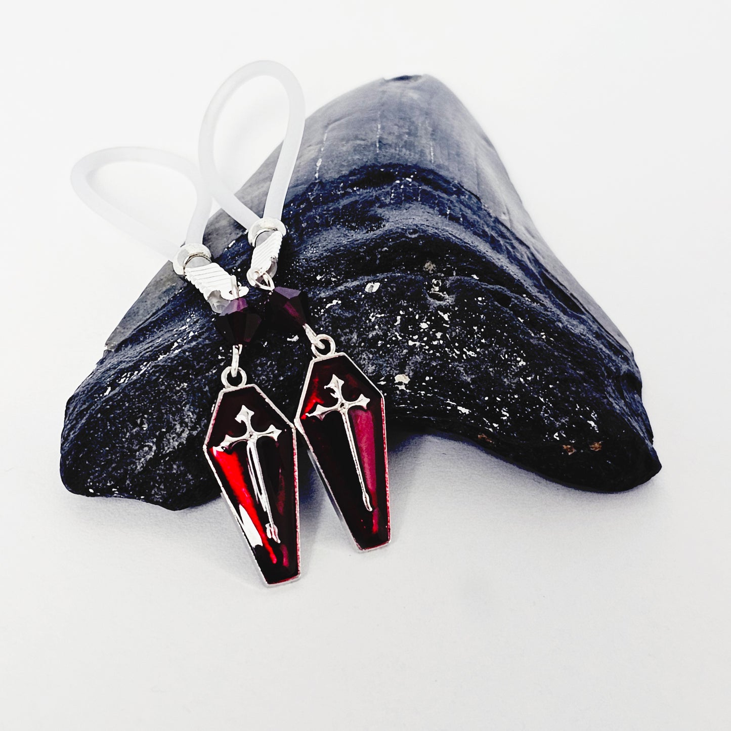 Non Piercing Nipple Nooses or Clamps with Red Crystals and Coffins. Gothic Halloween Nipple Jewelry Clamps.