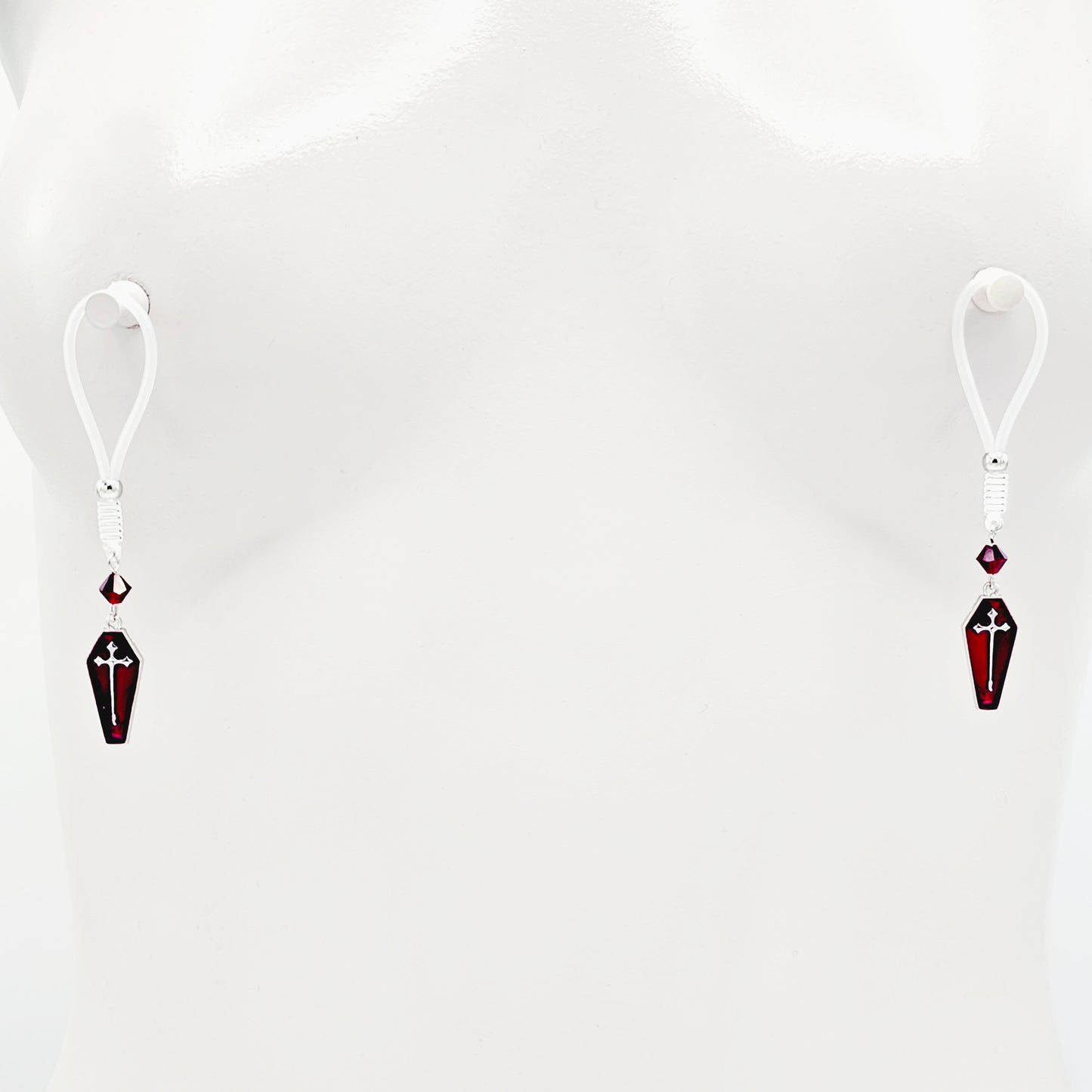 Non Piercing Nipple Nooses or Clamps with Red Crystals and Coffins. Gothic Halloween Nipple Jewelry Clamps.