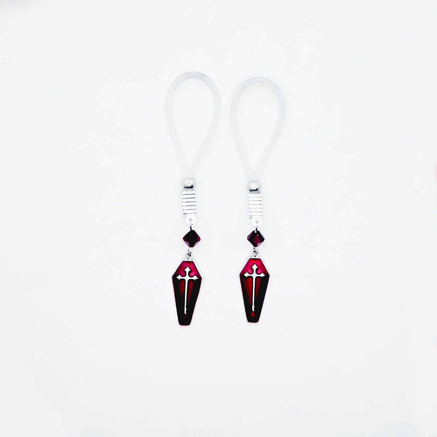 Non Piercing Nipple Nooses or Clamps with Red Crystals and Coffins. Gothic Halloween Nipple Jewelry Clamps.