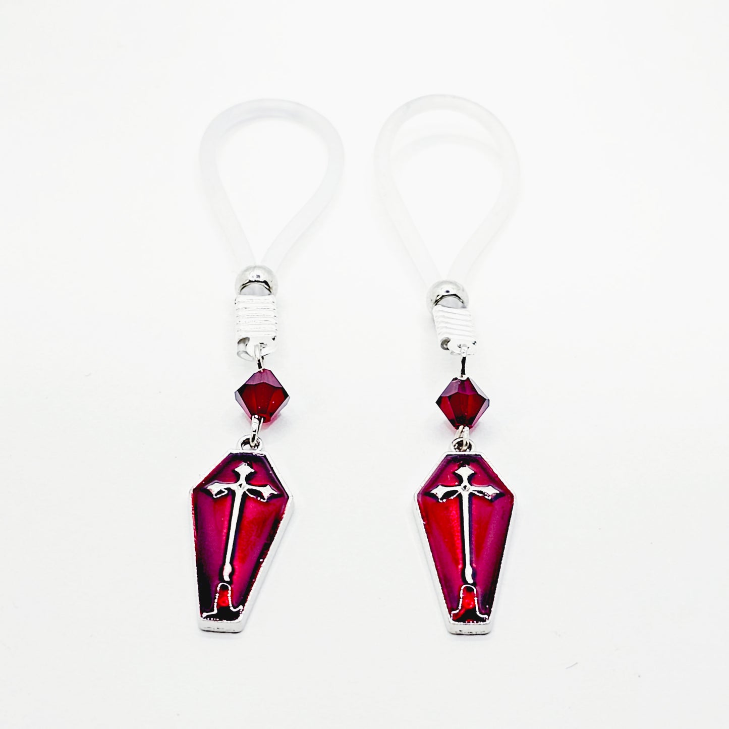 Non Piercing Nipple Nooses or Clamps with Red Crystals and Coffins. Gothic Halloween Nipple Jewelry Clamps.
