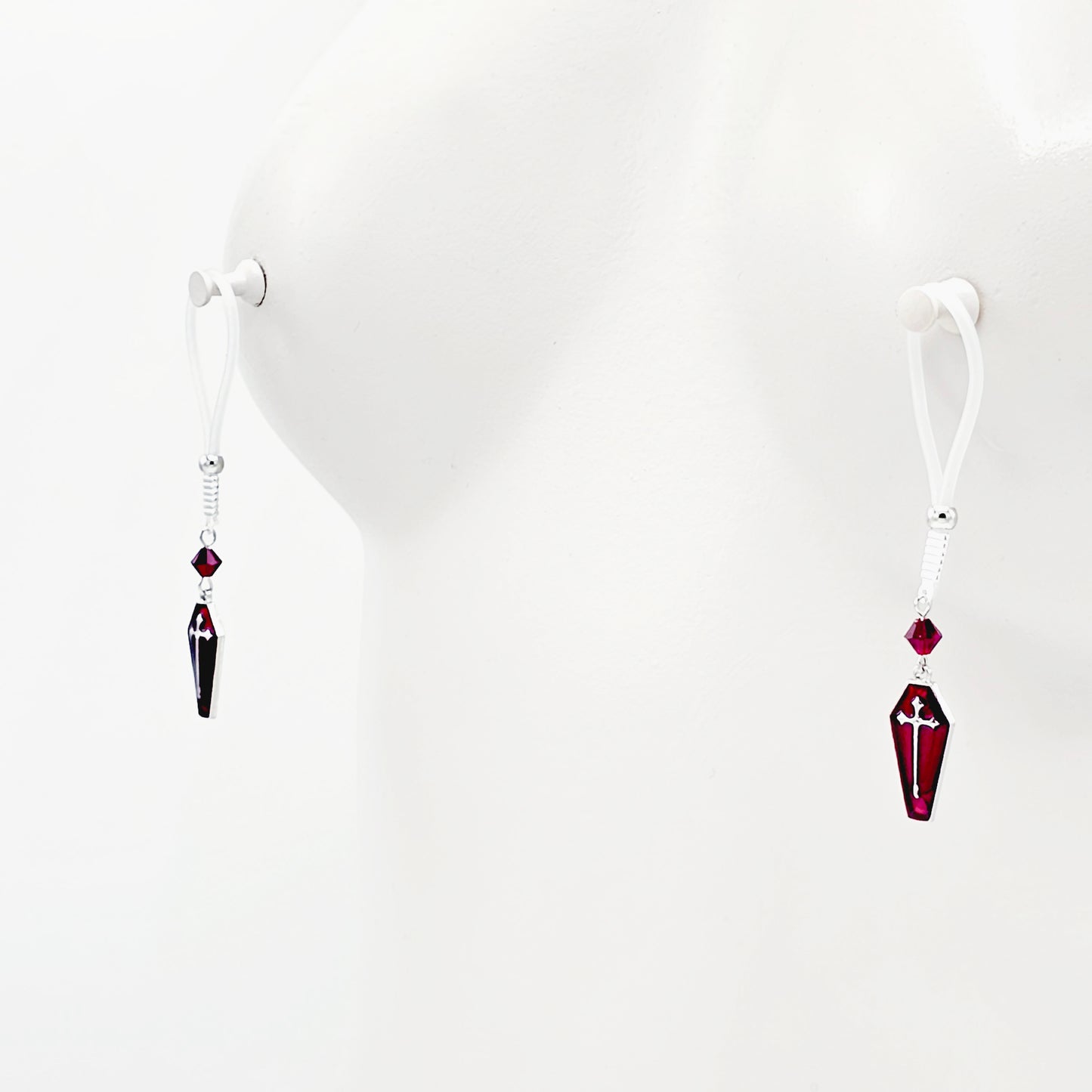 Non Piercing Nipple Nooses or Clamps with Red Crystals and Coffins. Gothic Halloween Nipple Jewelry Clamps.