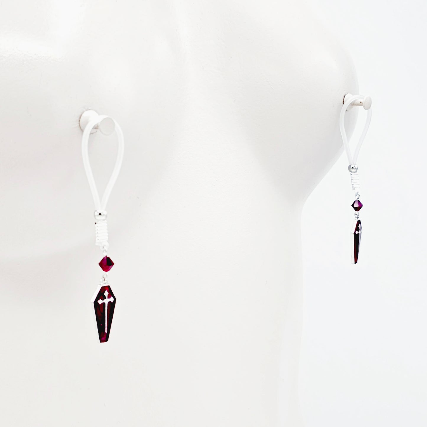 Non Piercing Nipple Nooses or Clamps with Red Crystals and Coffins. Gothic Halloween Nipple Jewelry Clamps.