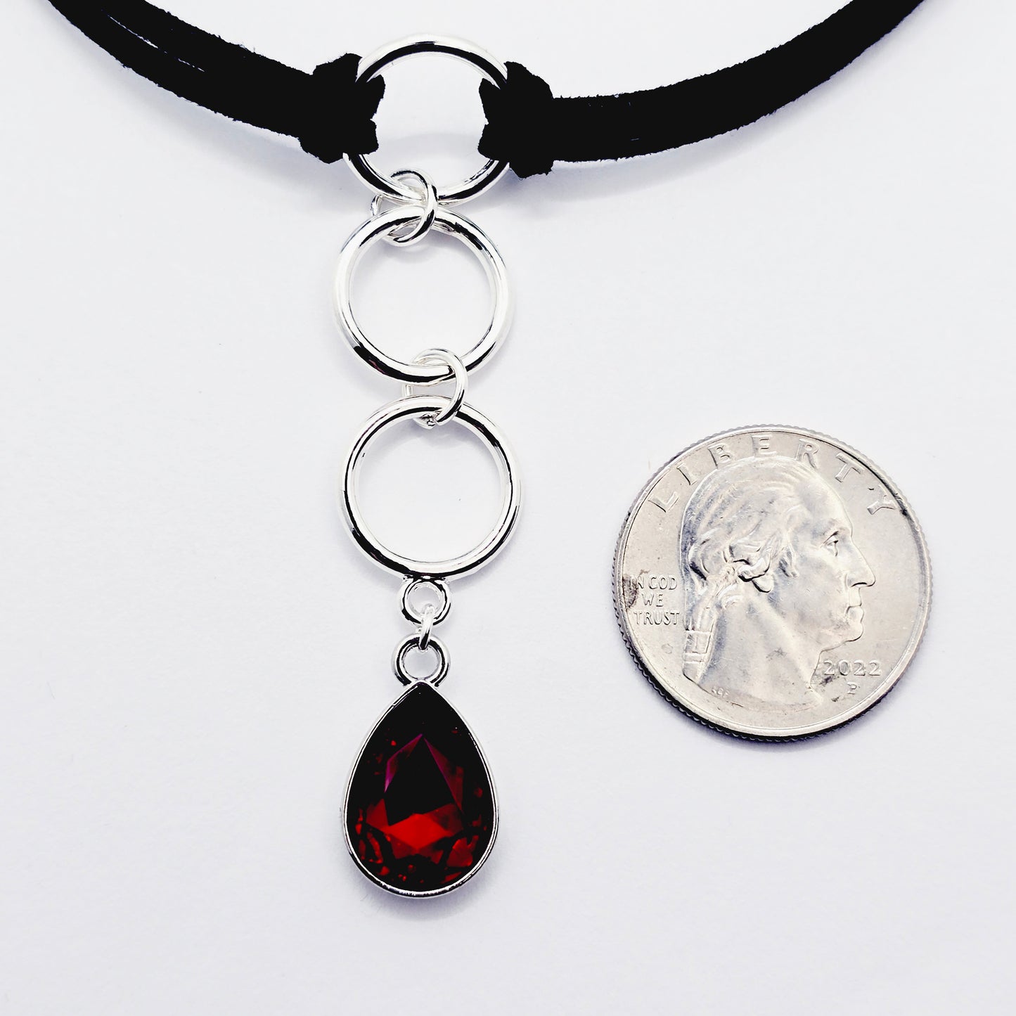 Discreet Day Collar, Black Choker with Tri Circle Pendants, and Red Crystal Teardrop. BDSM Submissive