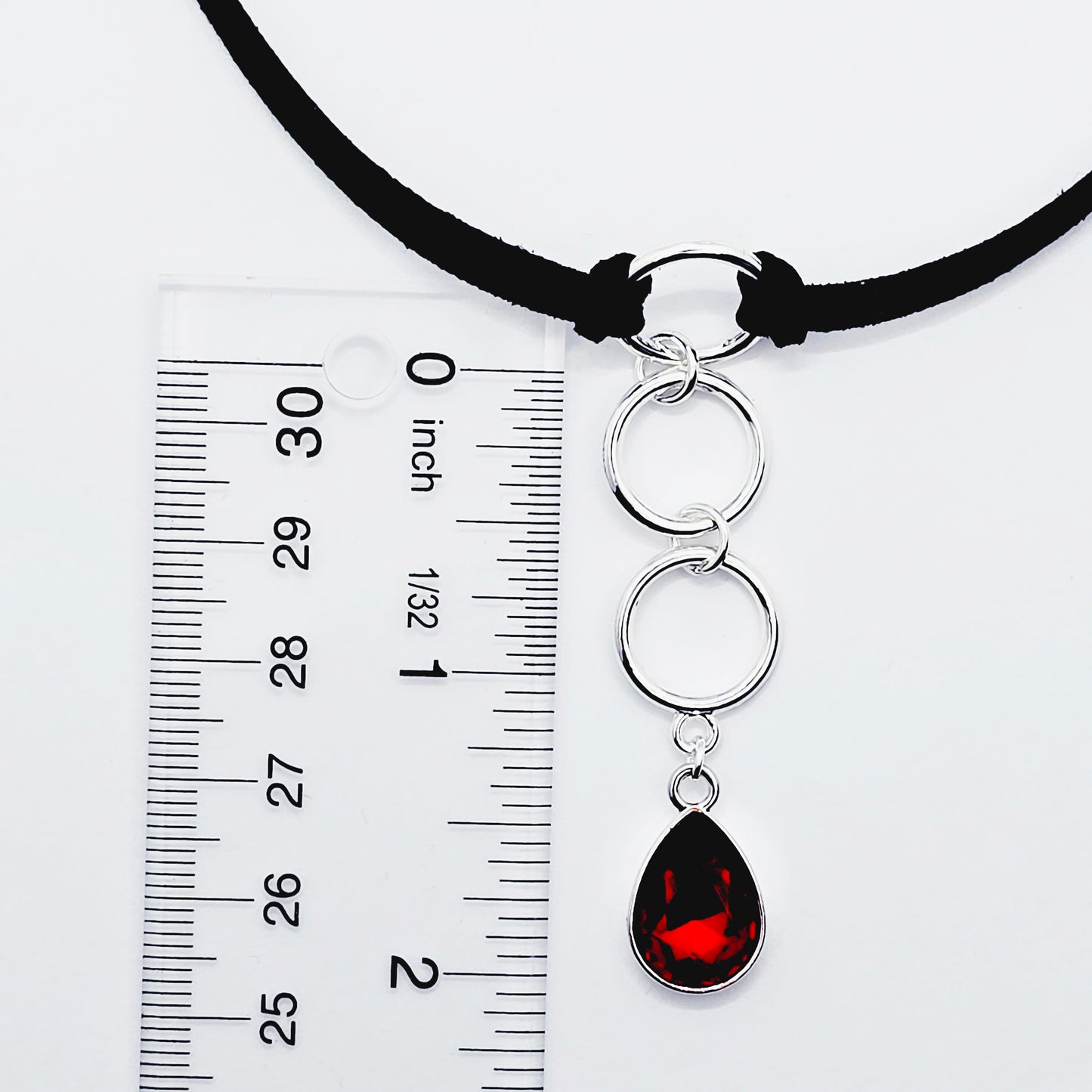 Discreet Day Collar, Black Choker with Tri Circle Pendants, and Red Crystal Teardrop. BDSM Submissive