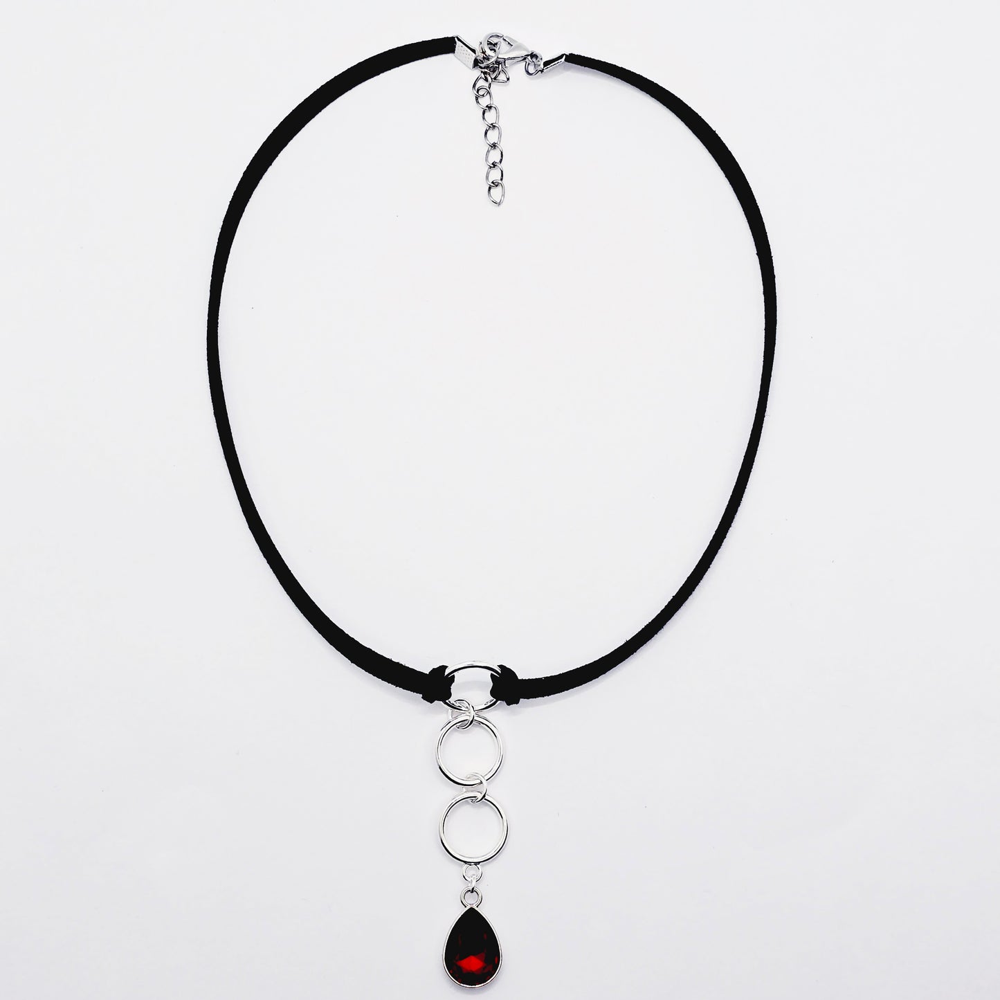 Discreet Day Collar, Black Choker with Tri Circle Pendants, and Red Crystal Teardrop. BDSM Submissive