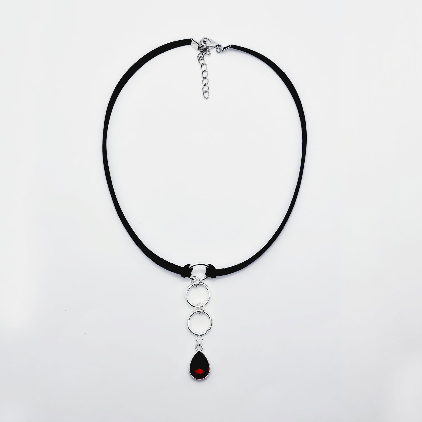 Discreet Day Collar, Black Choker with Tri Circle Pendants, and Red Crystal Teardrop. BDSM Submissive