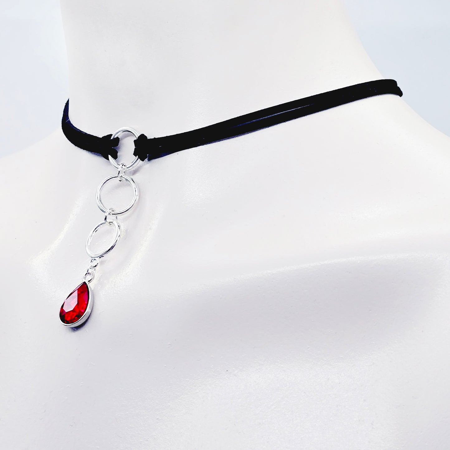 Discreet Day Collar, Black Choker with Tri Circle Pendants, and Red Crystal Teardrop. BDSM Submissive