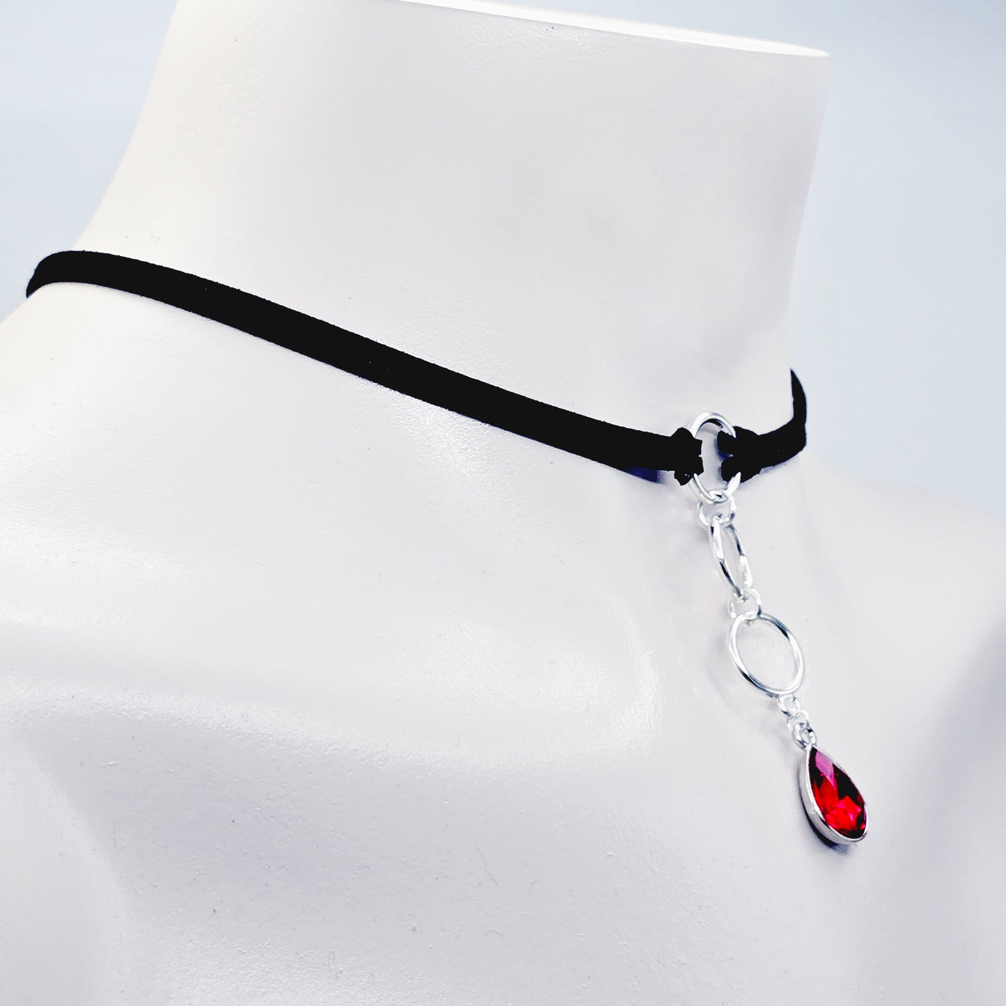 Discreet Day Collar, Black Choker with Tri Circle Pendants, and Red Crystal Teardrop. BDSM Submissive