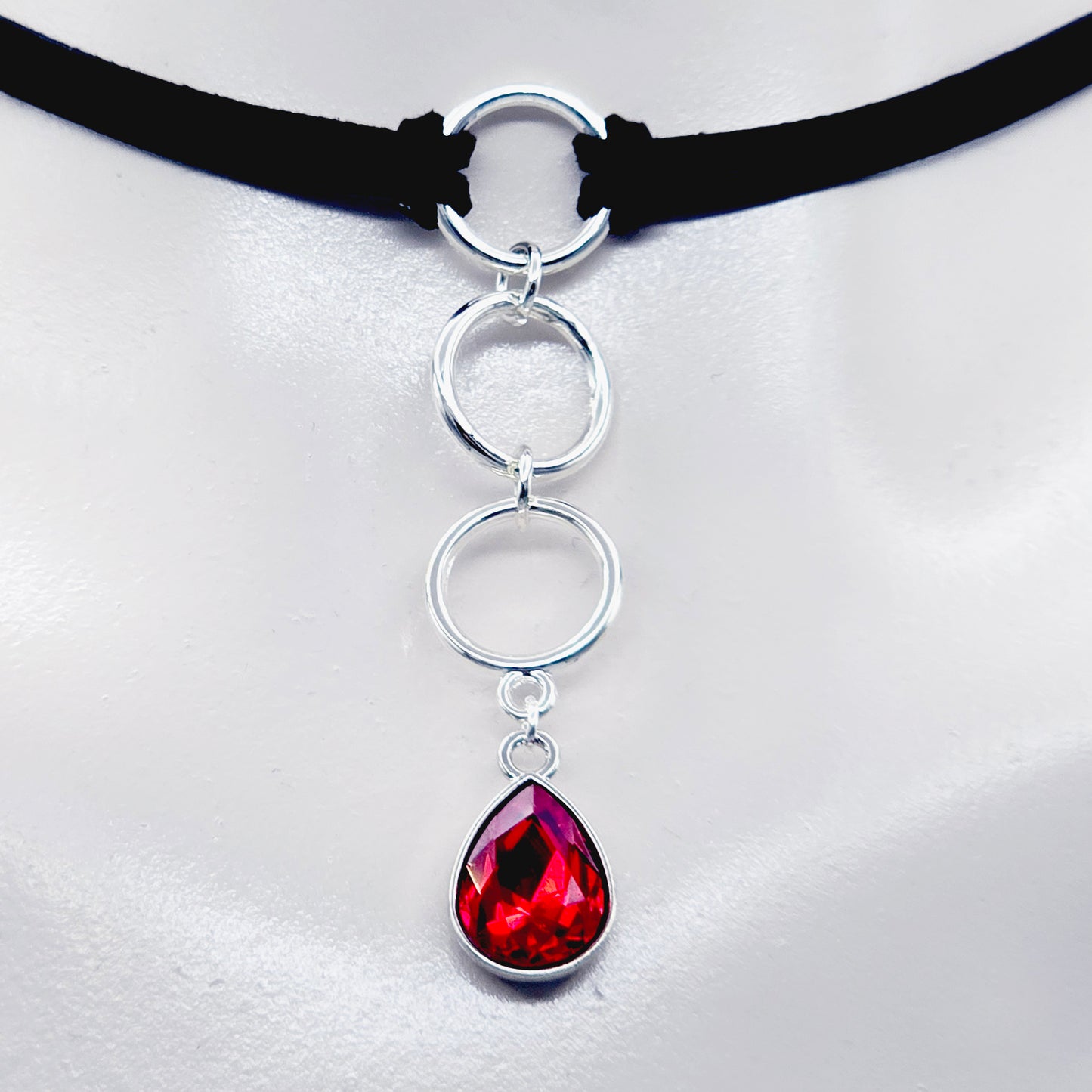 Discreet Day Collar, Black Choker with Tri Circle Pendants, and Red Crystal Teardrop. BDSM Submissive