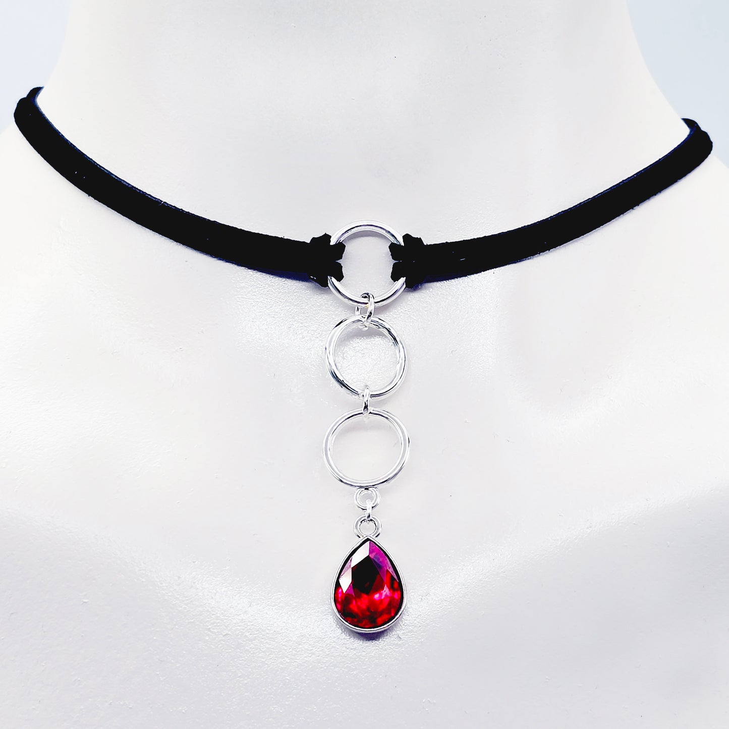 Discreet Day Collar, Black Choker with Tri Circle Pendants, and Red Crystal Teardrop. BDSM Submissive