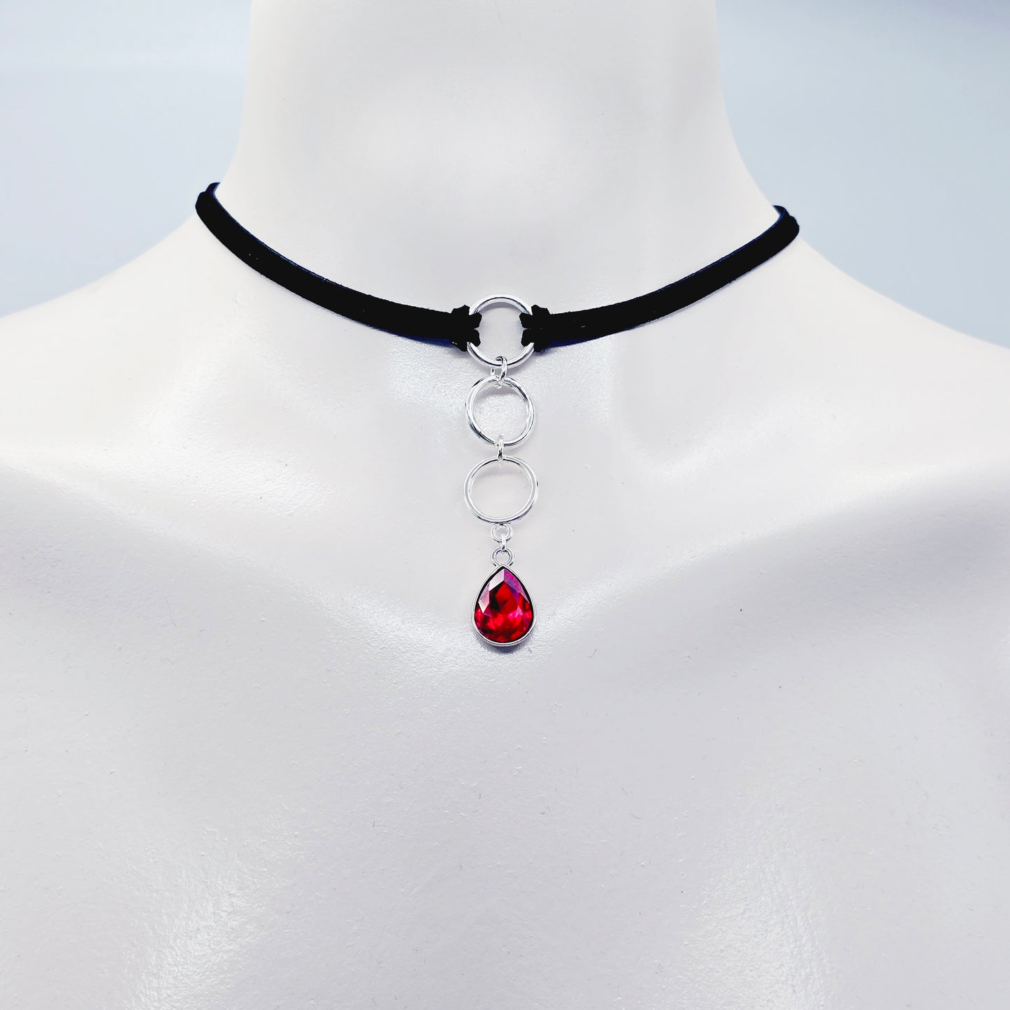Discreet Day Collar, Black Choker with Tri Circle Pendants, and Red Crystal Teardrop. BDSM Submissive