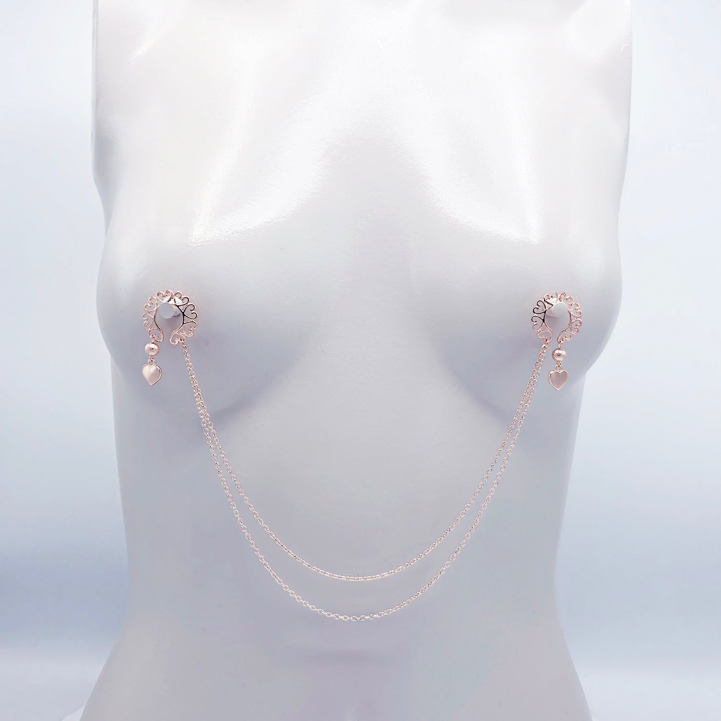 Rose Gold Nipple Shields, Chain Attached. Non-Piercing Nipple Jewelry.
