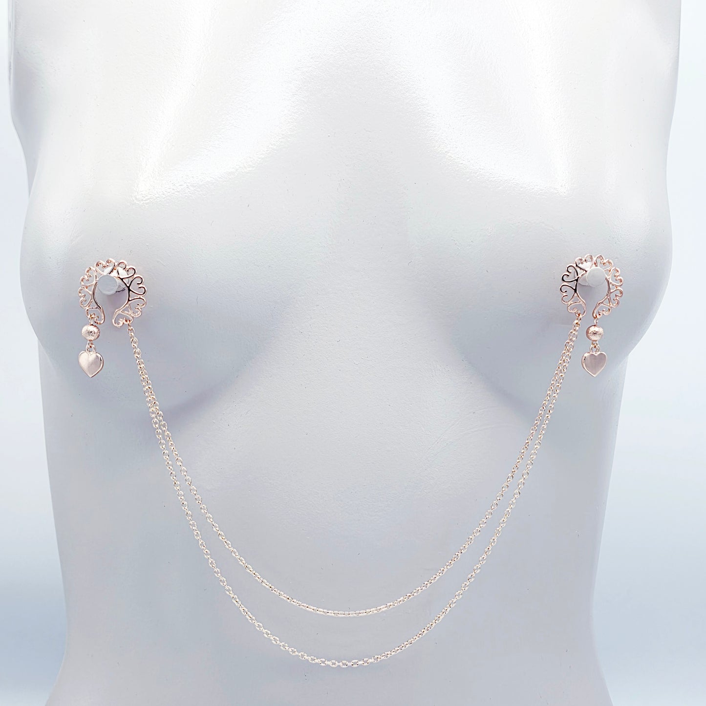 Rose Gold Nipple Shields, Chain Attached. Non-Piercing Nipple Jewelry.