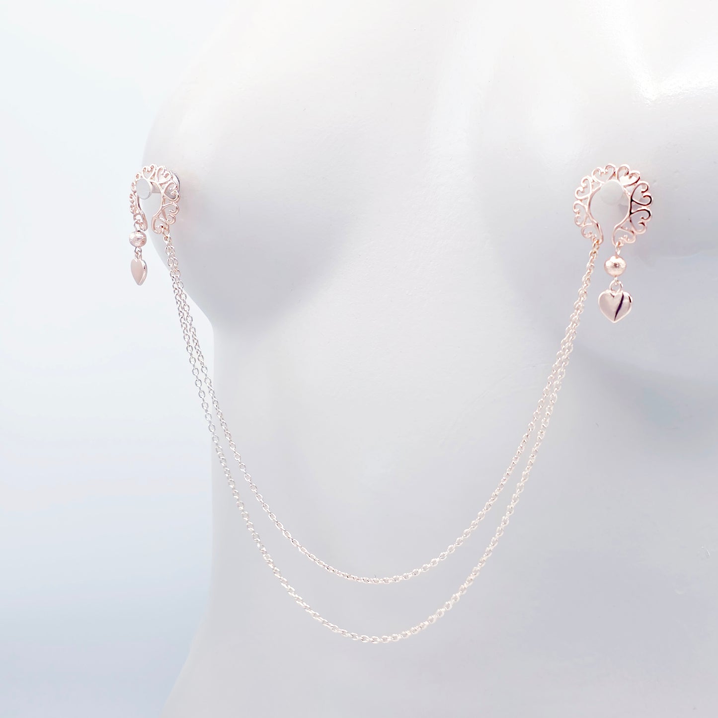 Rose Gold Nipple Shields, Chain Attached. Non-Piercing Nipple Jewelry.