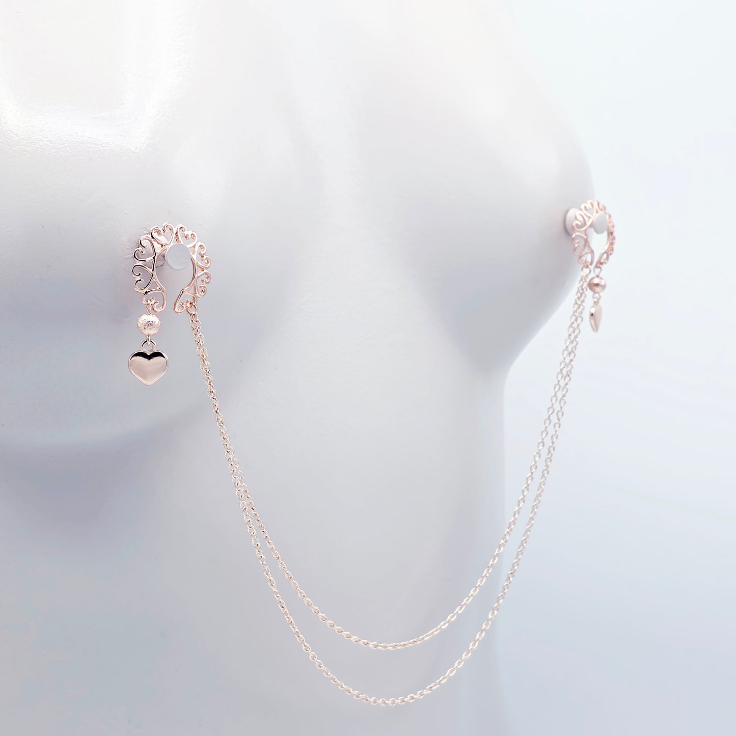 Rose Gold Nipple Shields, Chain Attached. Non-Piercing Nipple Jewelry.