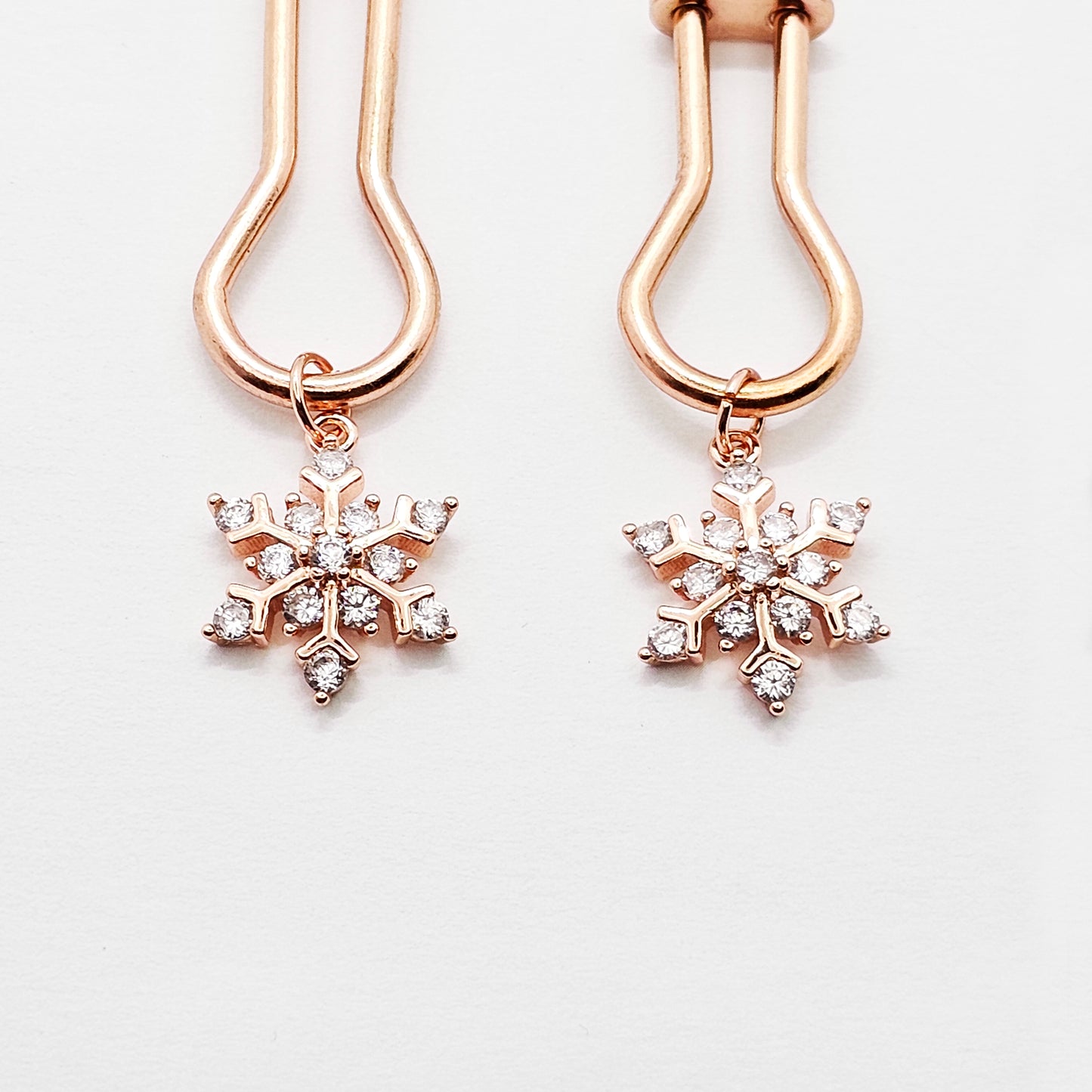 Rose Gold Nipple Clamps with Sparkling Snowflakes. Straight Tweezer Style Clamps.