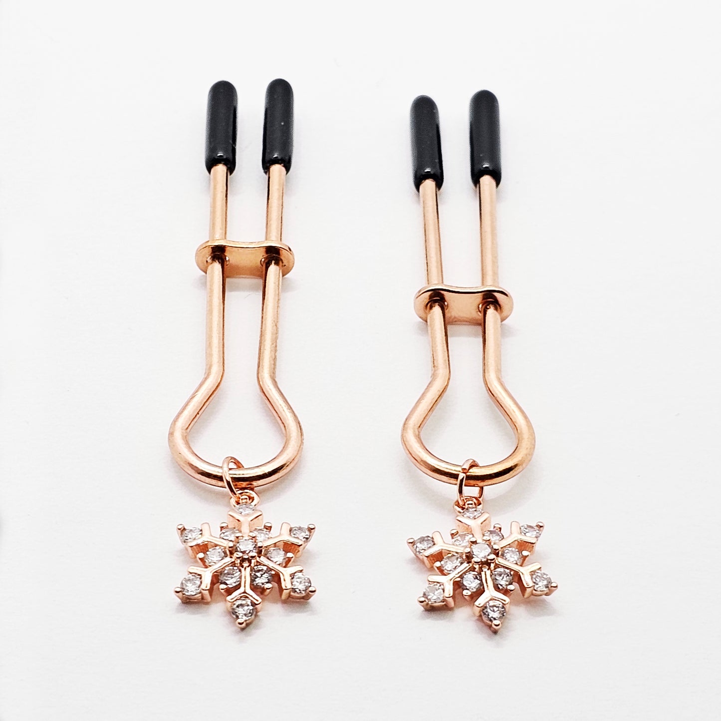 Rose Gold Nipple Clamps with Sparkling Snowflakes. Straight Tweezer Style Clamps.