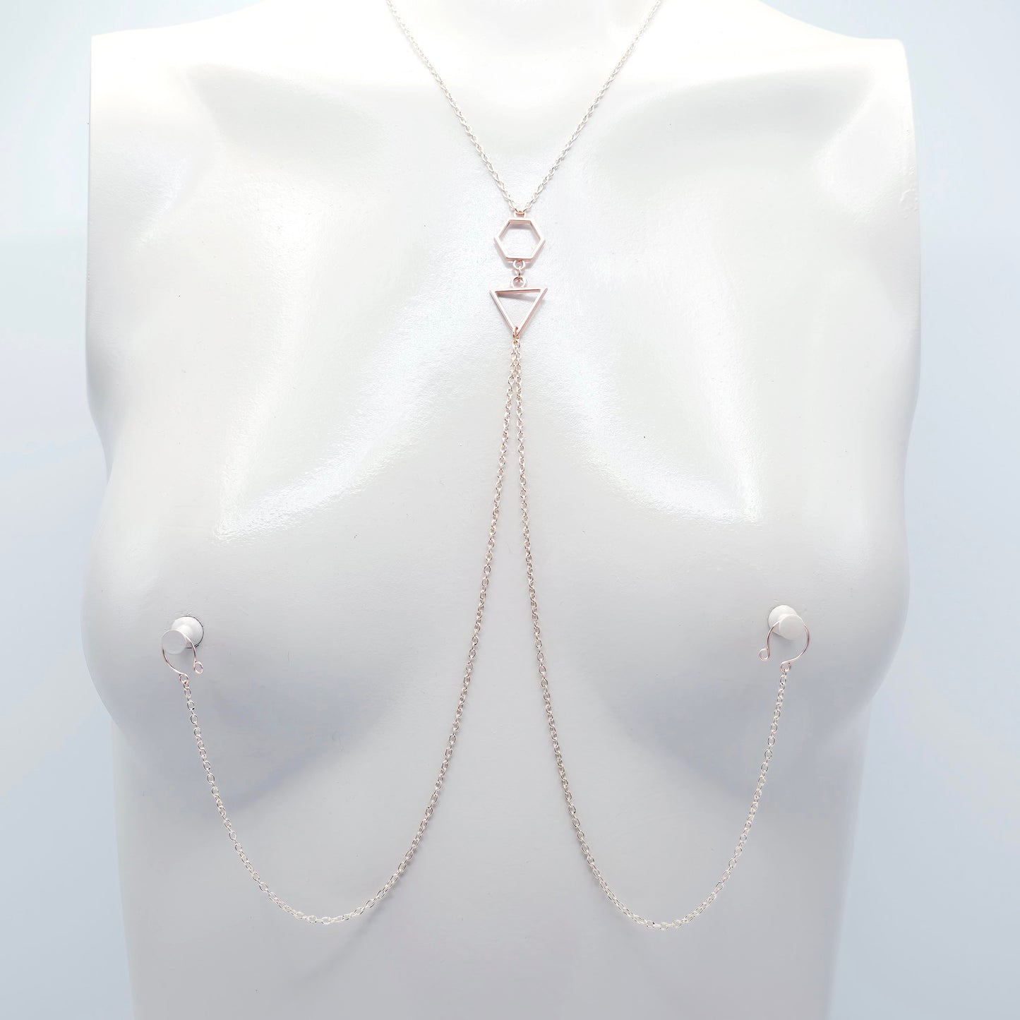 Necklace to Nipple, Rose Gold Geometric, with Nipple Chains. Non-Piercing or Use with pierced or Nipple Clamps