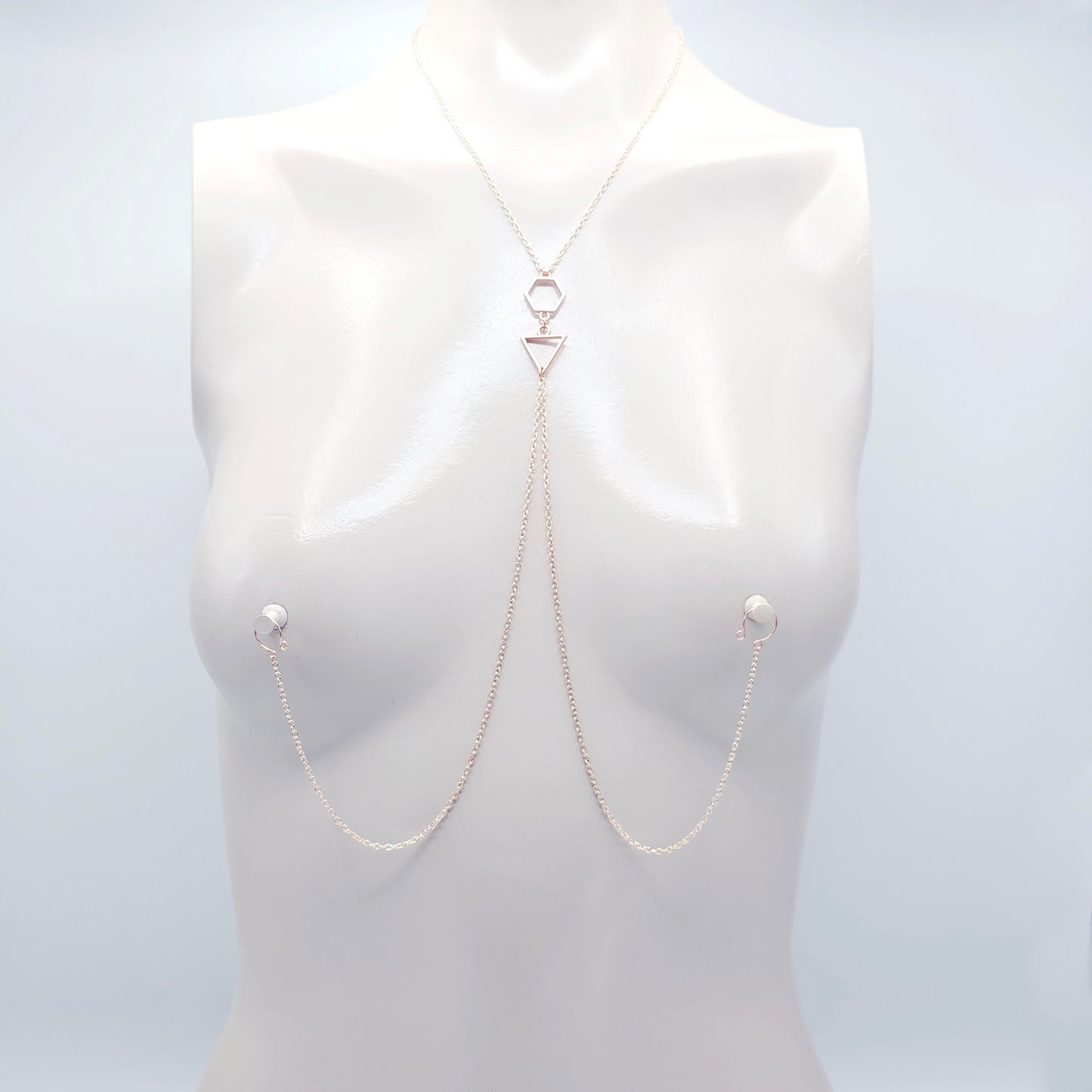 Necklace to Nipple, Rose Gold Geometric, with Nipple Chains. Non-Piercing or Use with pierced or Nipple Clamps
