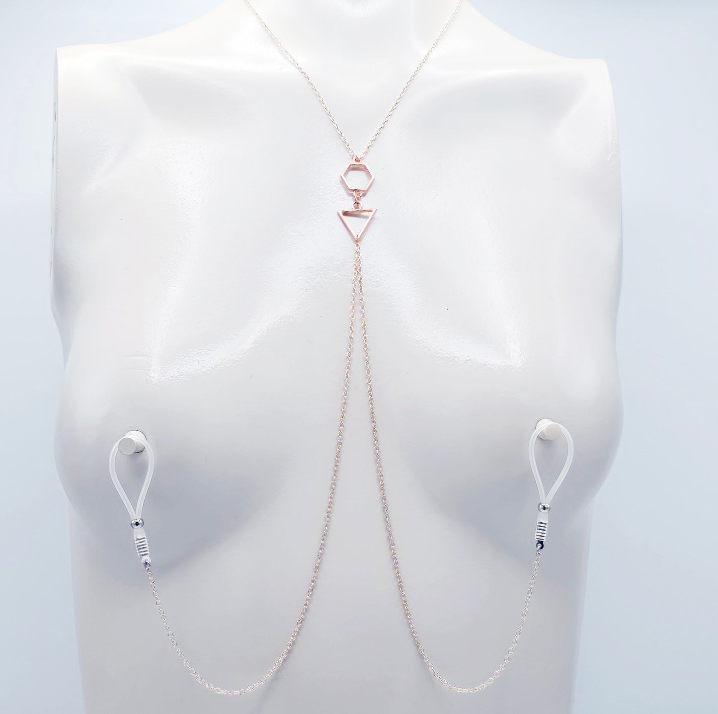 Necklace to Nipple, Rose Gold Geometric, with Nipple Chains. Non-Piercing or Use with pierced or Nipple Clamps