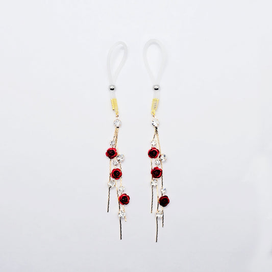 Fake Nipple Piercings or Clamps. 18K Gold and Red Rose Nipple Dangles on Nipple Nooses or Nipple Clamps. MATURE Body Jewelry