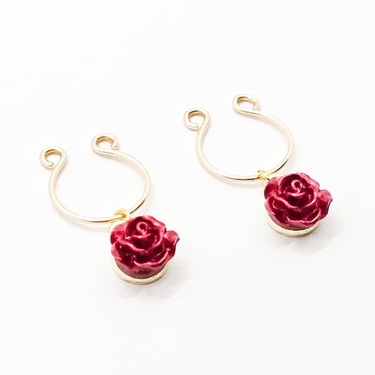 Gold Non-Piercing Nipple Rings with Red Roses