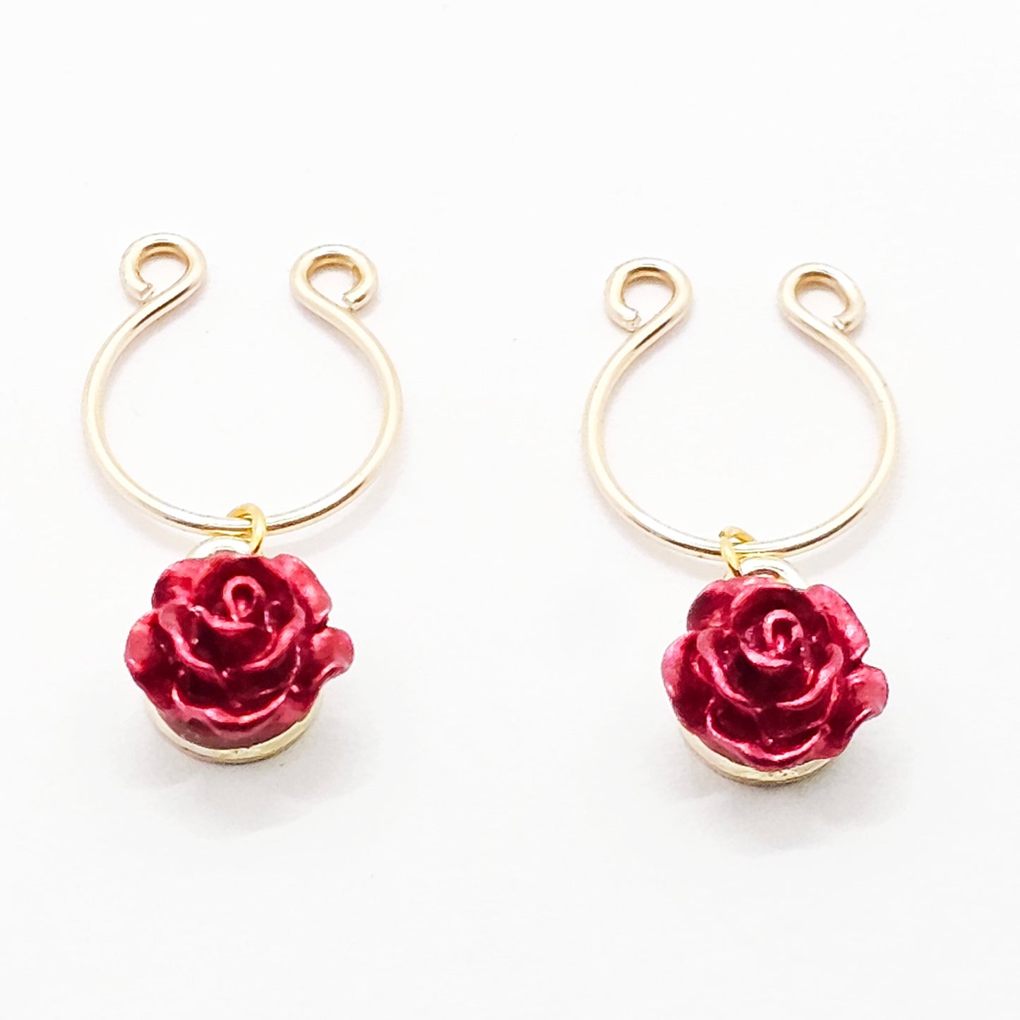 Gold Non-Piercing Nipple Rings with Red Roses