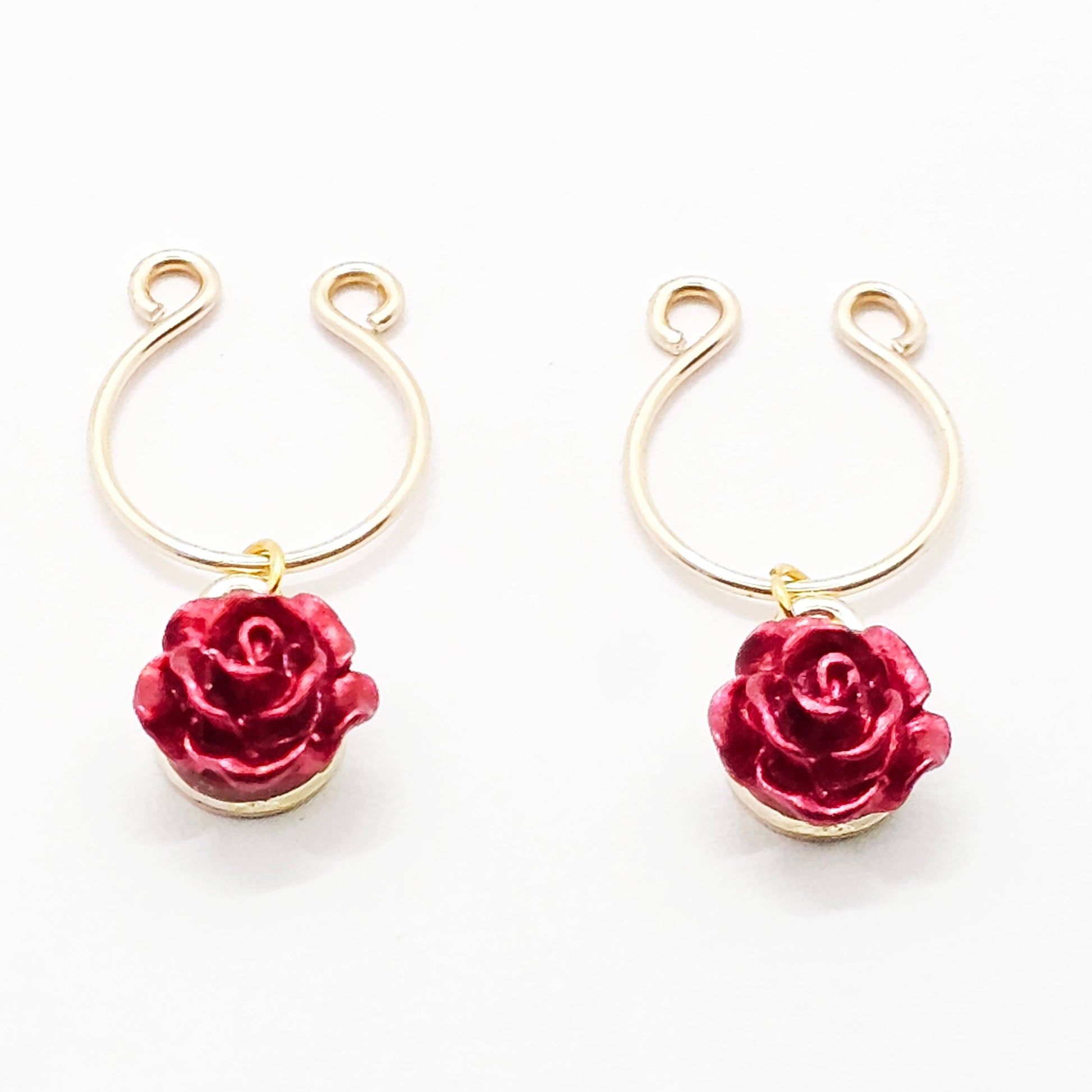Gold Non-Piercing Nipple Rings with Red Roses