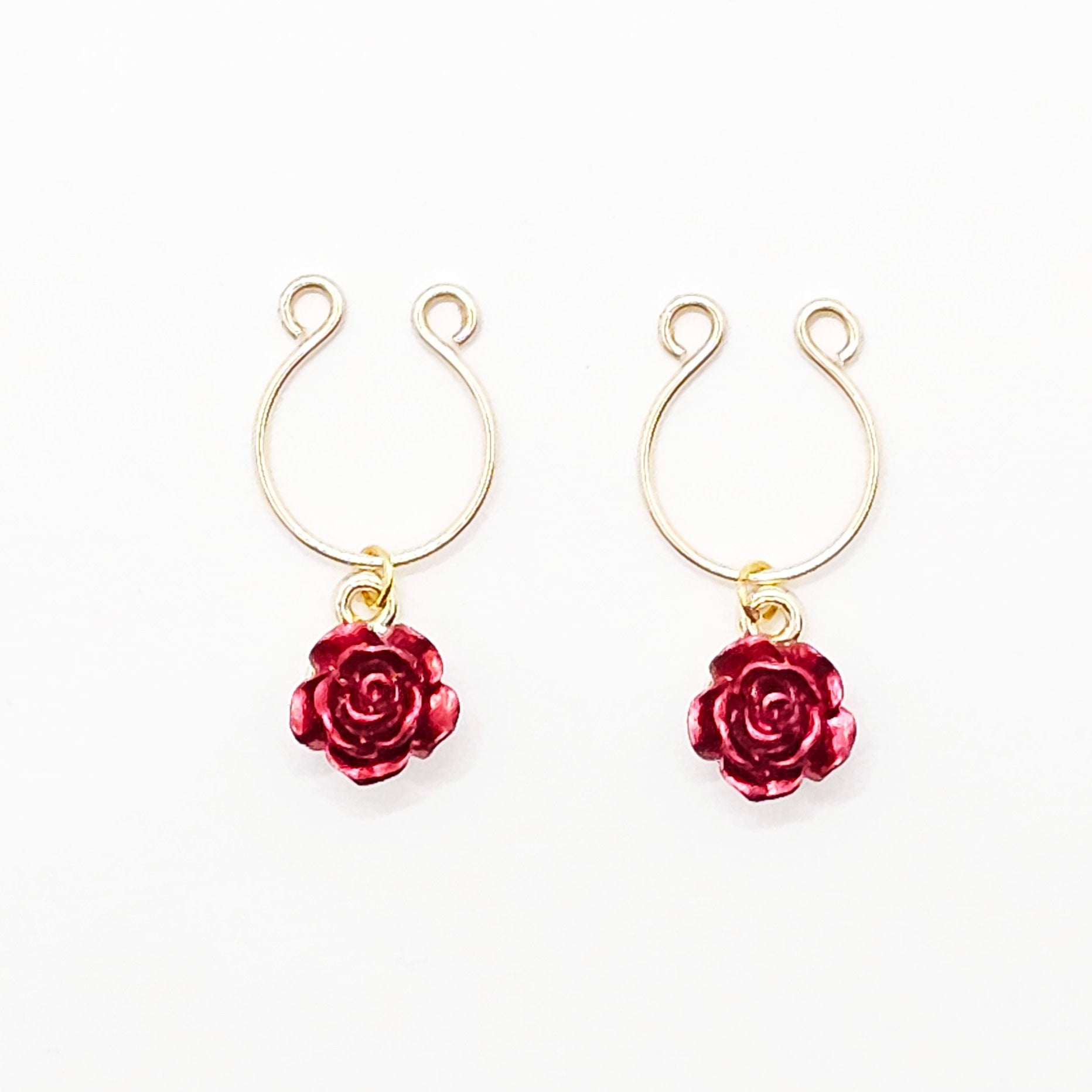 Gold Non-Piercing Nipple Rings with Red Roses
