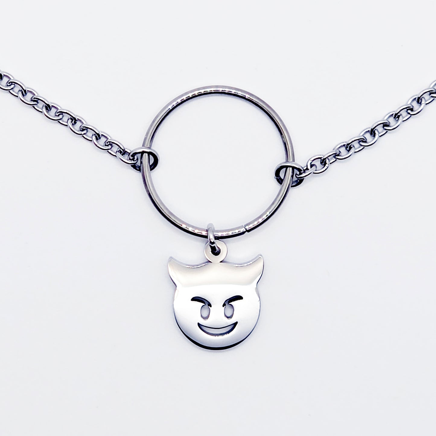 Unisex Sub Collar, Stainless Steel Circle of O with Naughty Devil Pendant. BDSM Submissive Day Collar