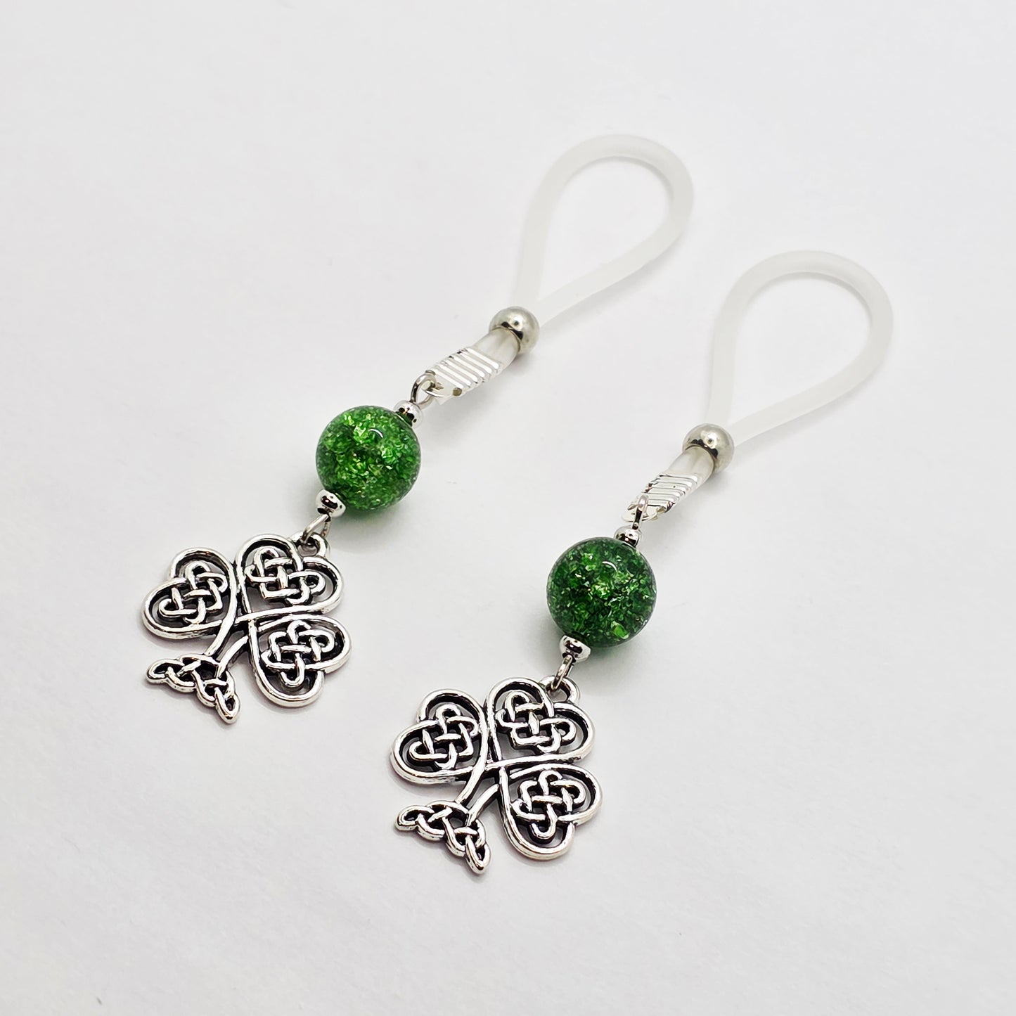 Non Piercing Nipple Dangles with Celtic Shamrocks on Soft Nipple Nooses or Your Choice of Nipple Clamps. BDSM