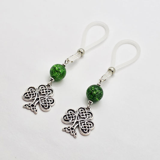 Non Piercing Nipple Dangles with Celtic Shamrocks on Soft Nipple Nooses or Your Choice of Nipple Clamps. BDSM
