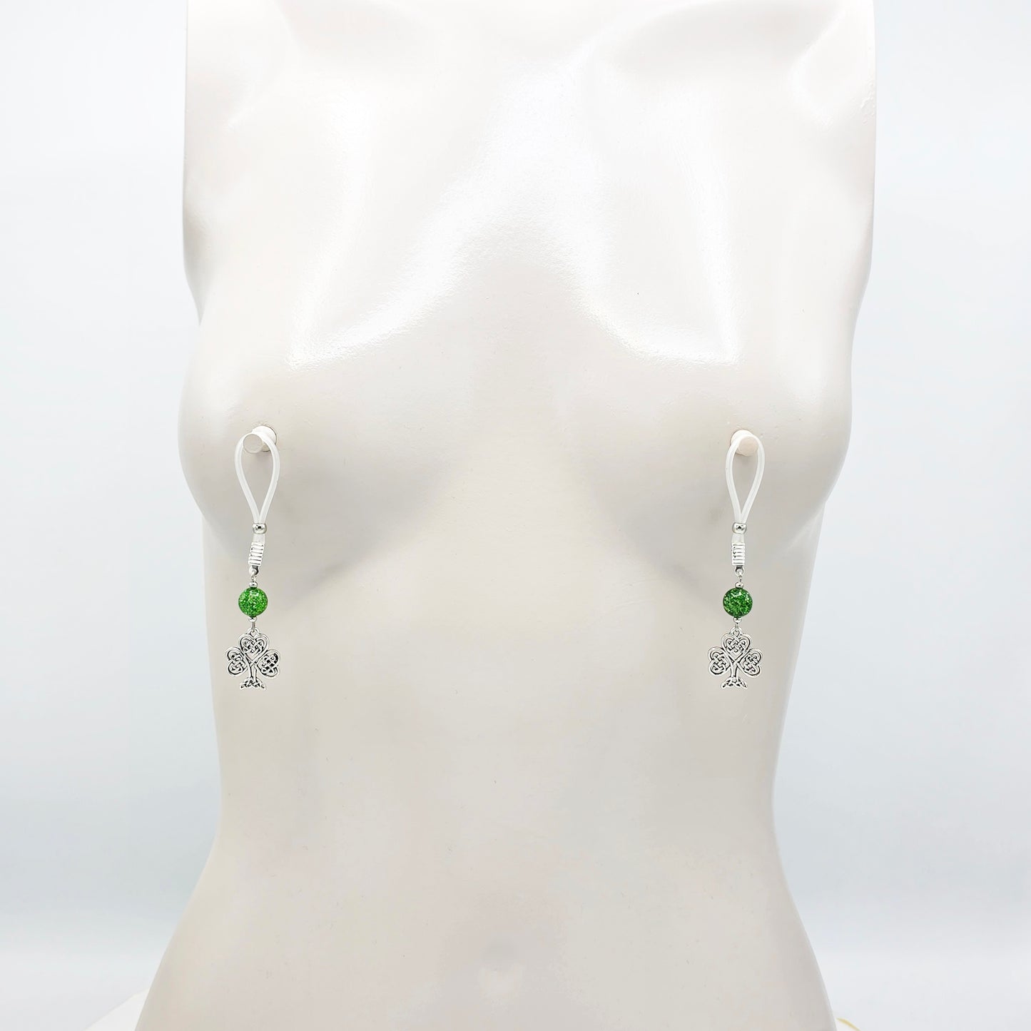Non Piercing Nipple Dangles with Celtic Shamrocks on Soft Nipple Nooses or Your Choice of Nipple Clamps. BDSM