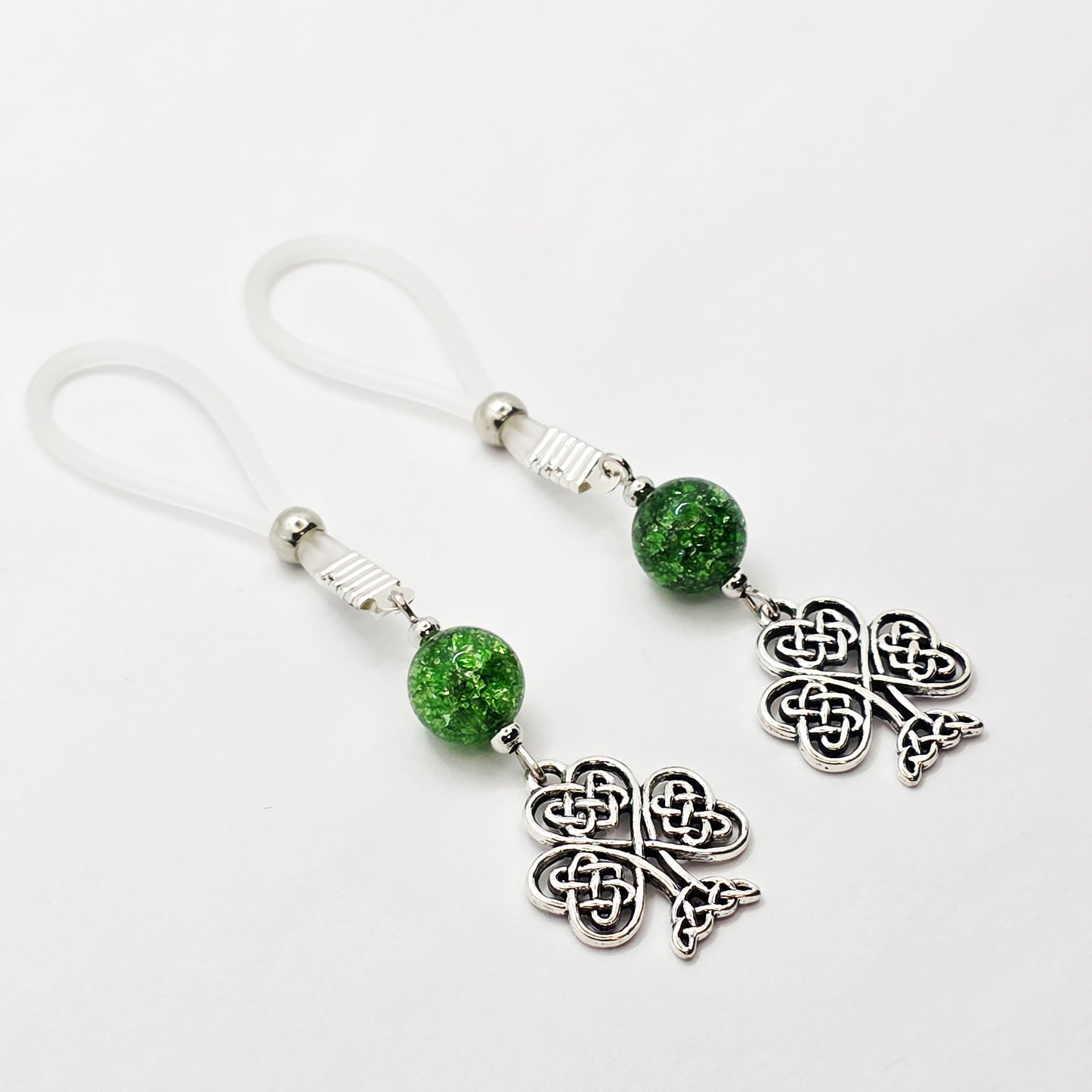 Non Piercing Nipple Dangles with Celtic Shamrocks on Soft Nipple Nooses or Your Choice of Nipple Clamps. BDSM