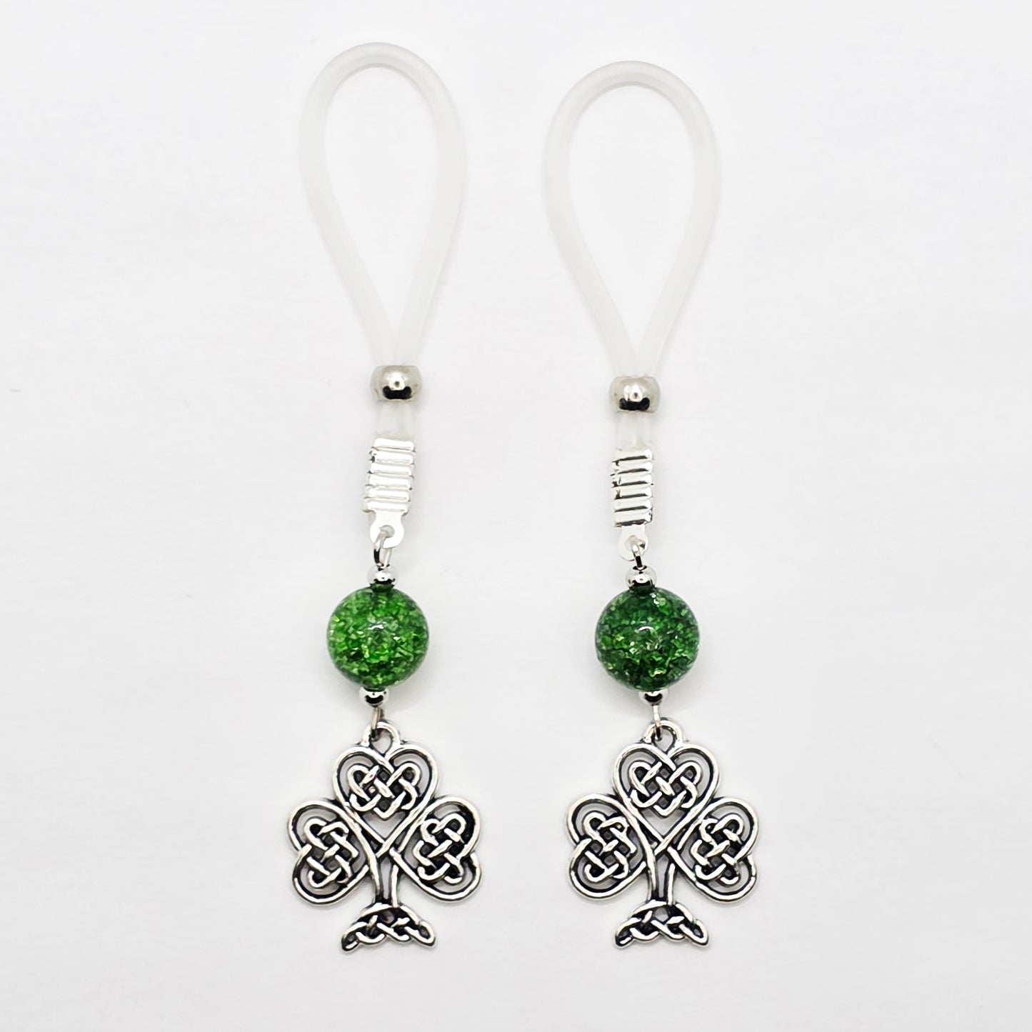Non Piercing Nipple Dangles with Celtic Shamrocks on Soft Nipple Nooses or Your Choice of Nipple Clamps. BDSM