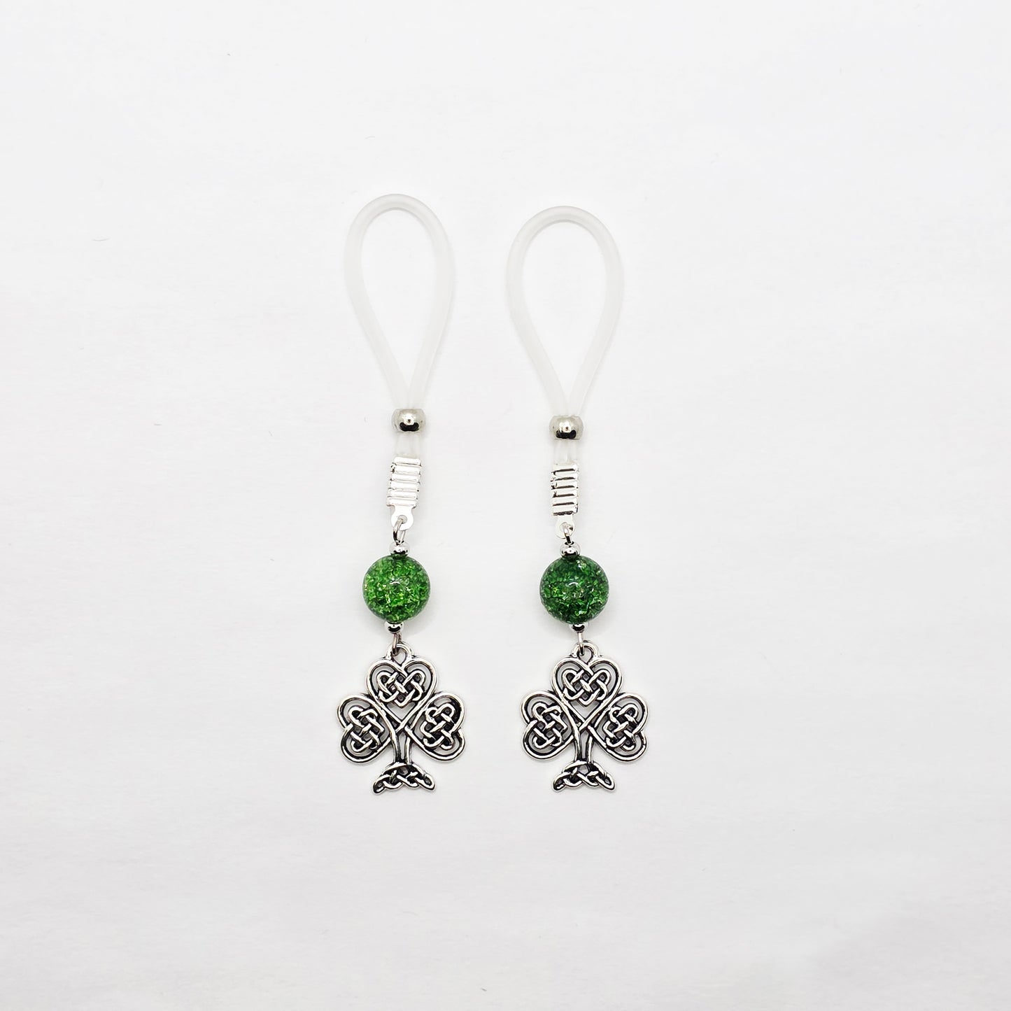 Non Piercing Nipple Dangles with Celtic Shamrocks on Soft Nipple Nooses or Your Choice of Nipple Clamps. BDSM