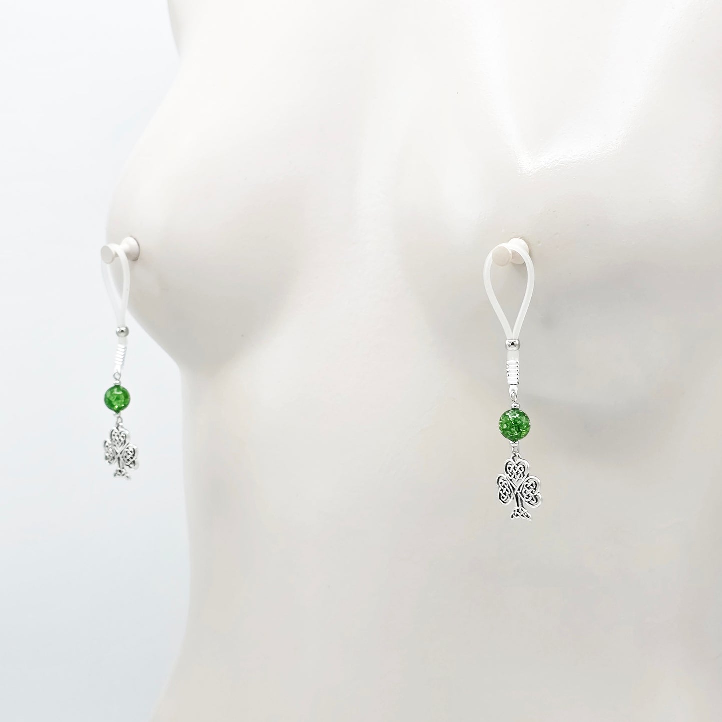 Non Piercing Nipple Dangles with Celtic Shamrocks on Soft Nipple Nooses or Your Choice of Nipple Clamps. BDSM